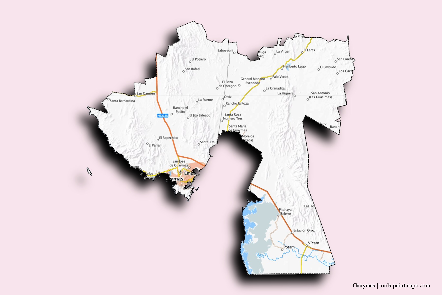 Mapa de barrios y pueblos de Guaymas con efecto de sombra 3D