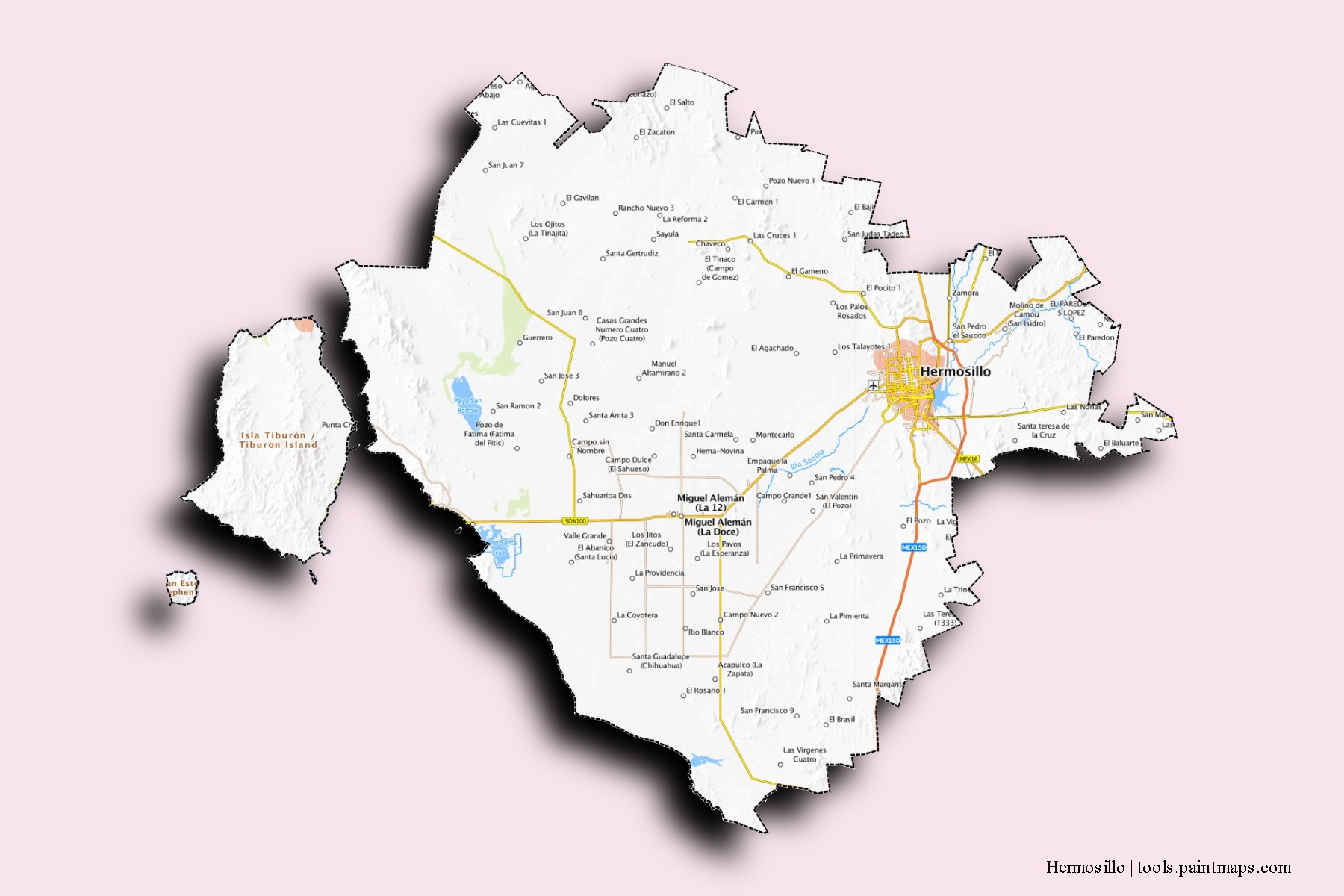 3D gölge efektli Hermosillo mahalleleri ve köyleri haritası