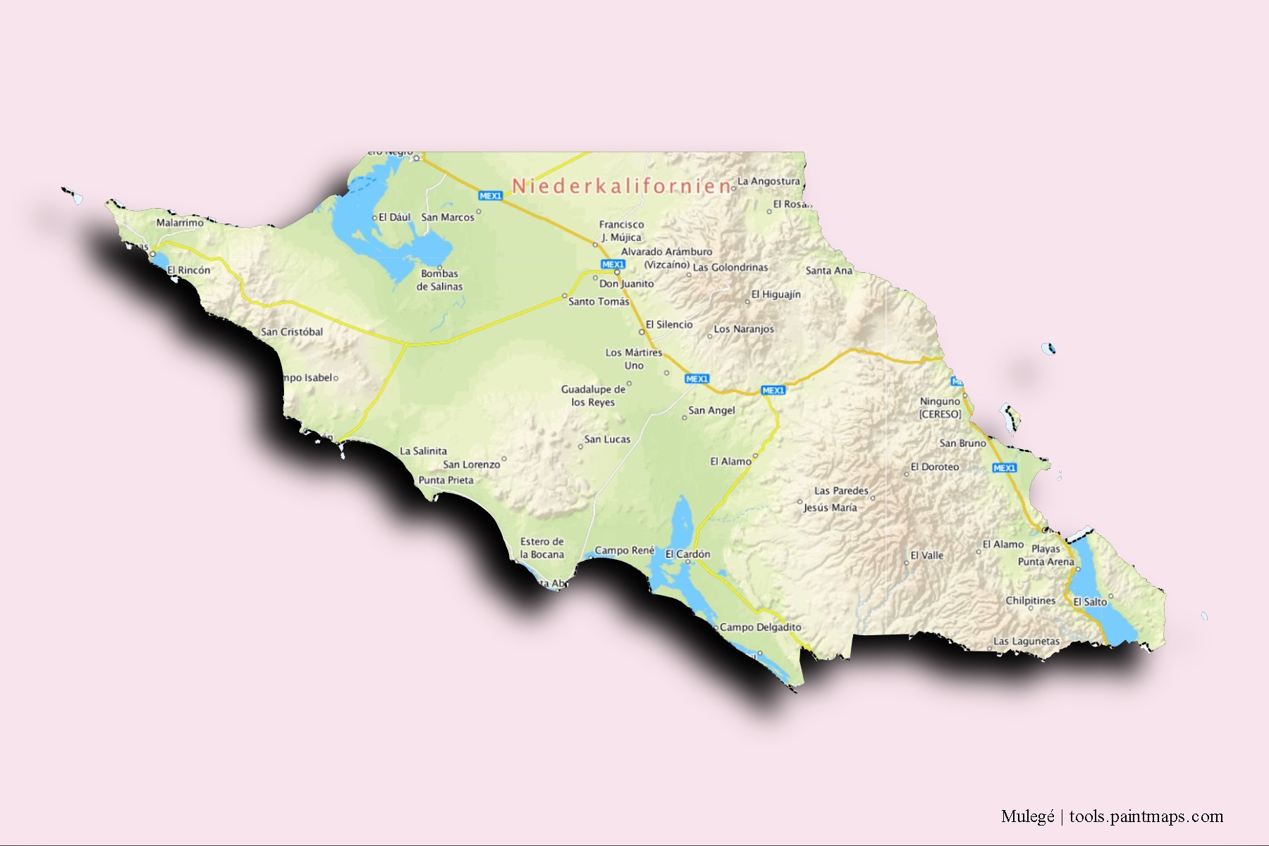 Mapa de barrios y pueblos de Mulegé con efecto de sombra 3D