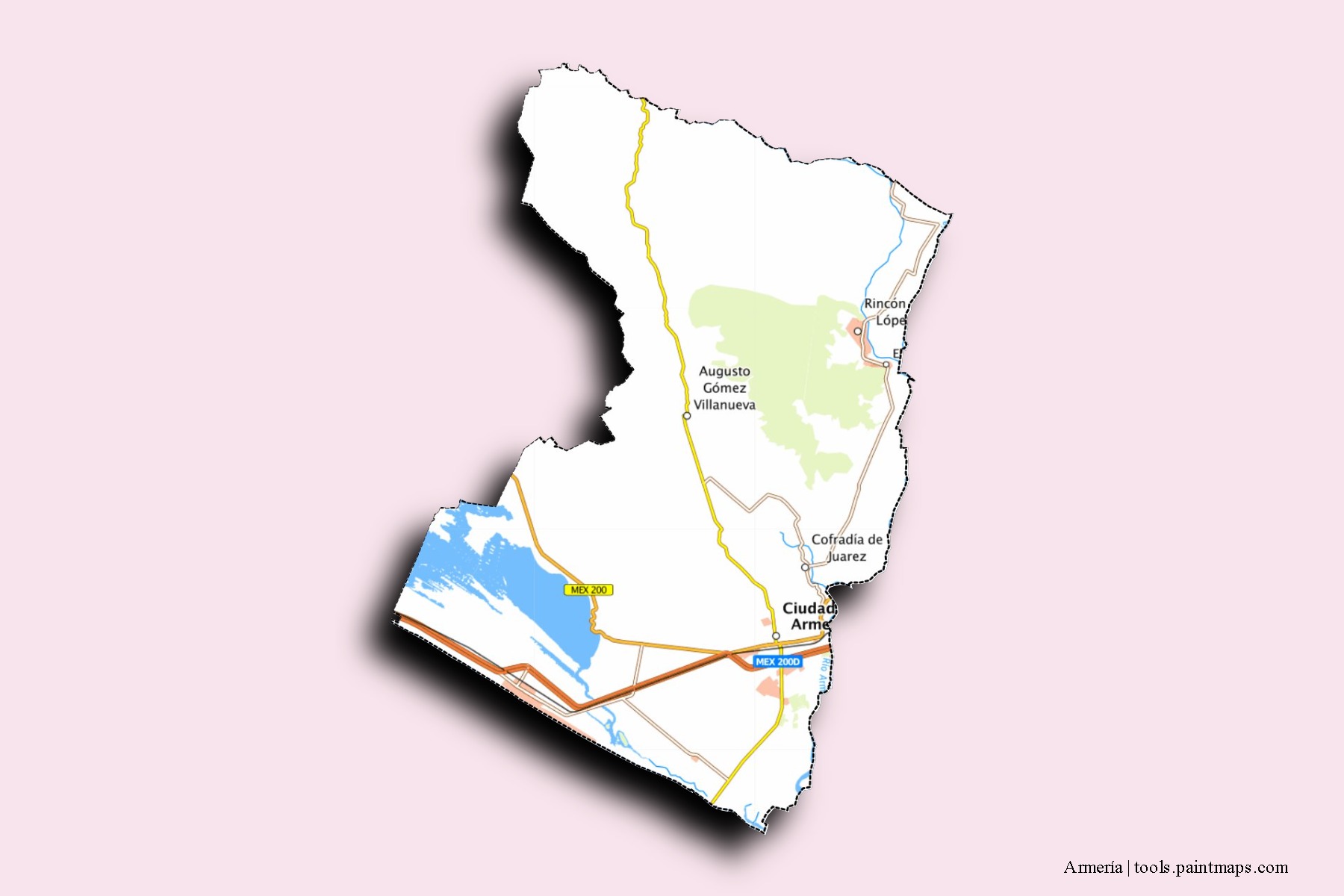 Mapa de barrios y pueblos de Armería con efecto de sombra 3D