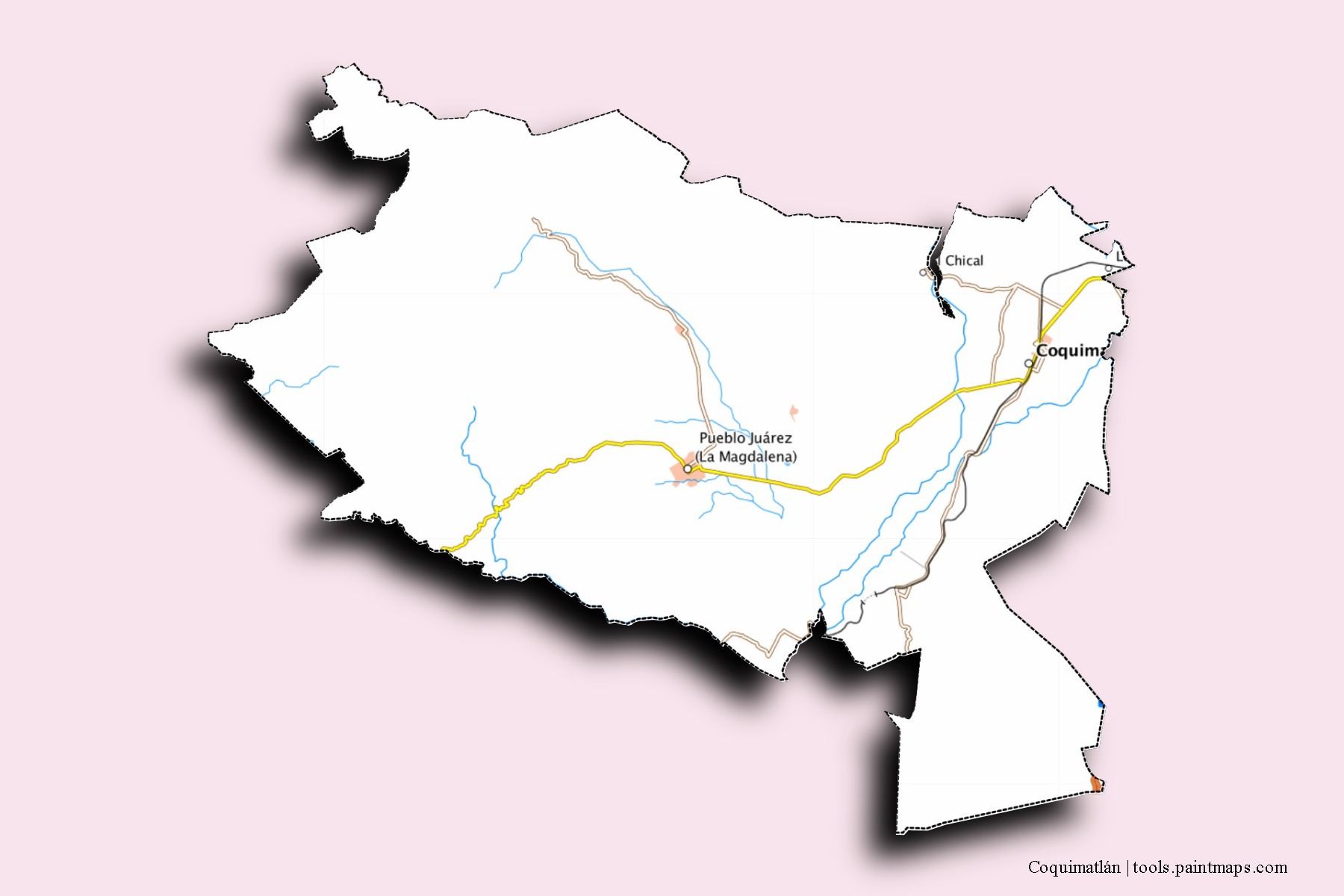 Coquimatlán neighborhoods and villages map with 3D shadow effect