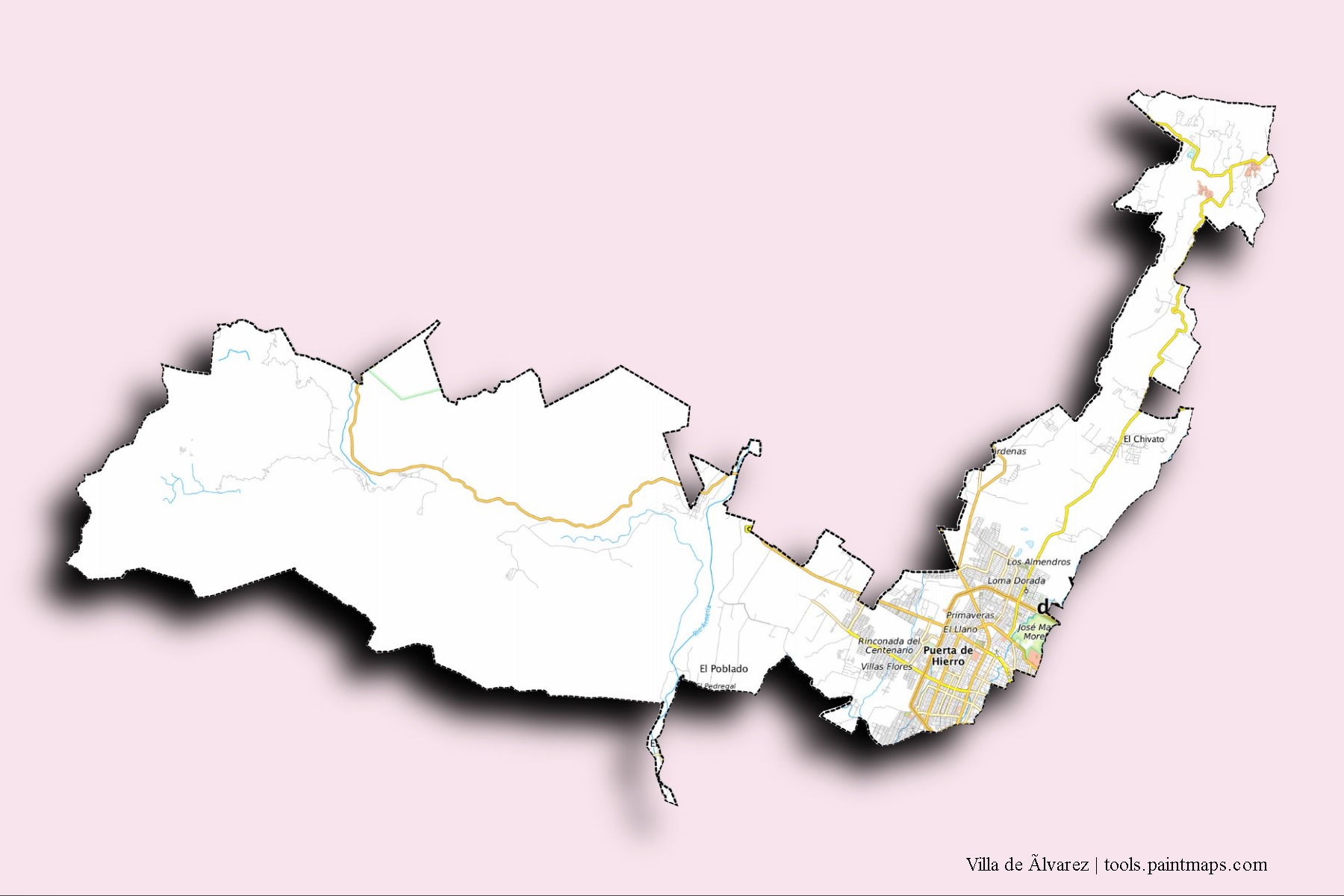 3D gölge efektli Villa de Ãlvarez mahalleleri ve köyleri haritası