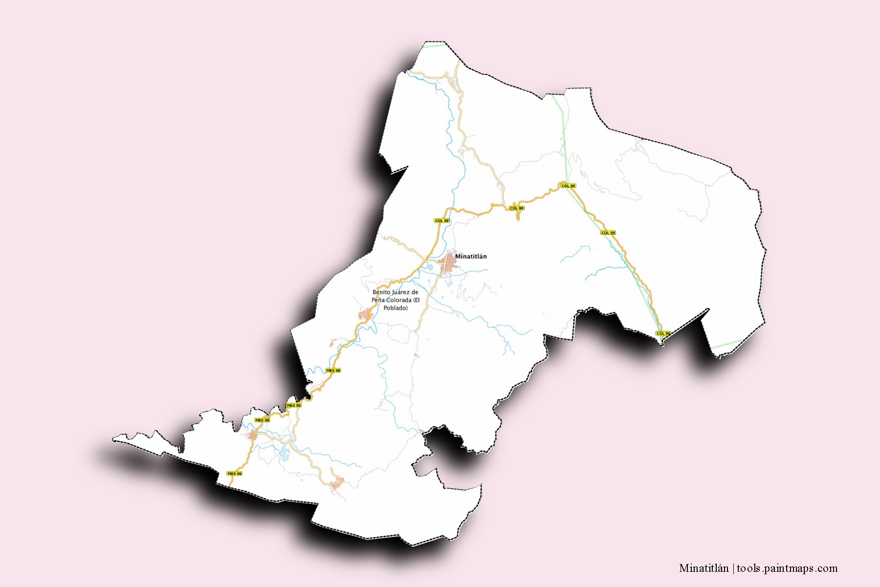 Minatitlán neighborhoods and villages map with 3D shadow effect