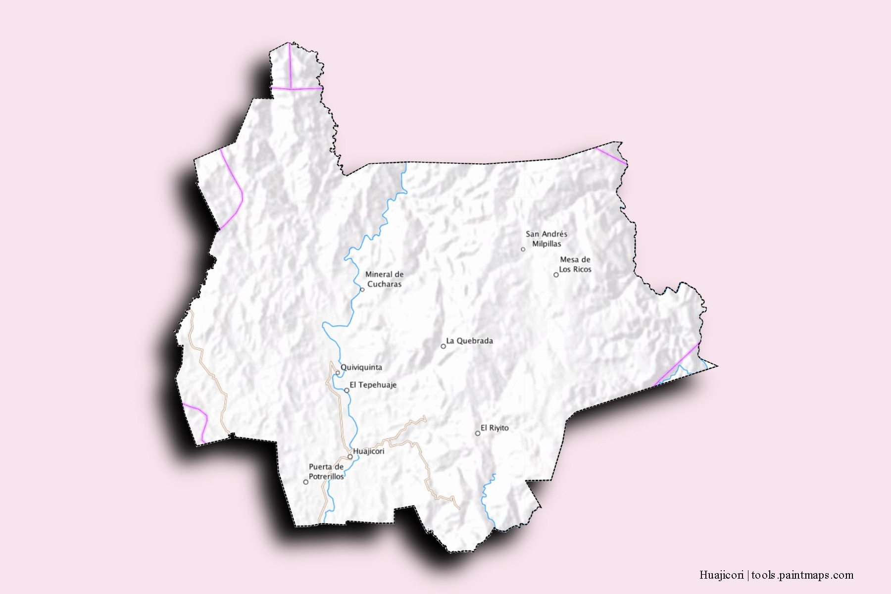 Mapa de barrios y pueblos de Huajicori con efecto de sombra 3D