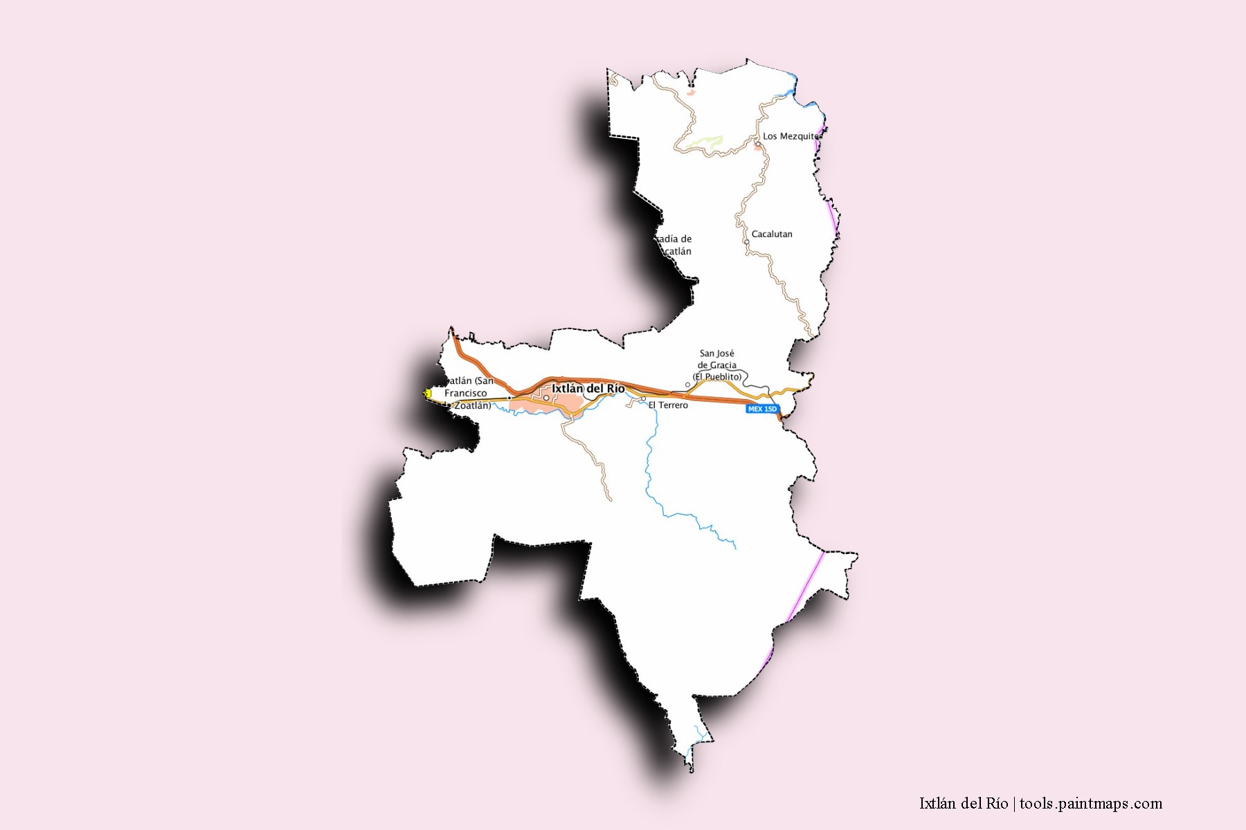 Ixtlán del Río neighborhoods and villages map with 3D shadow effect