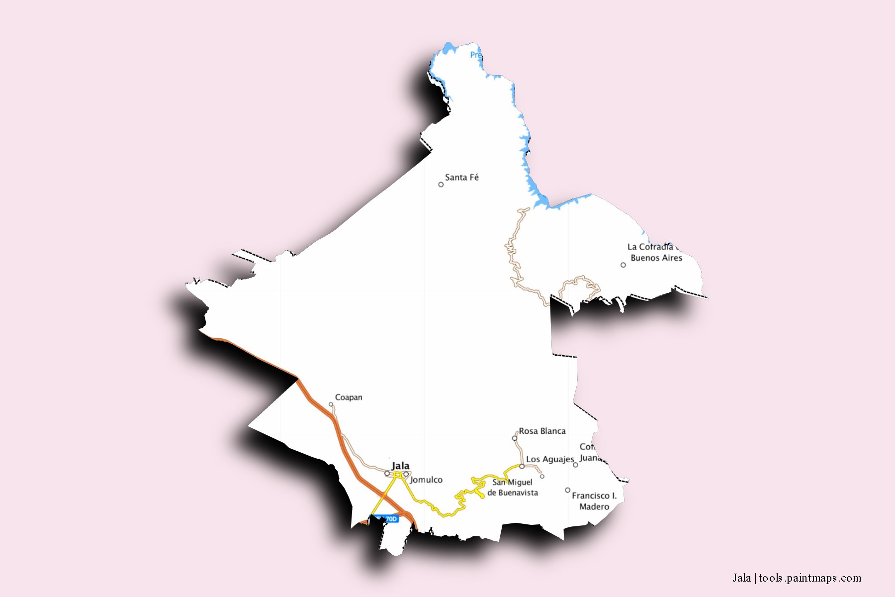 Mapa de barrios y pueblos de Jala con efecto de sombra 3D