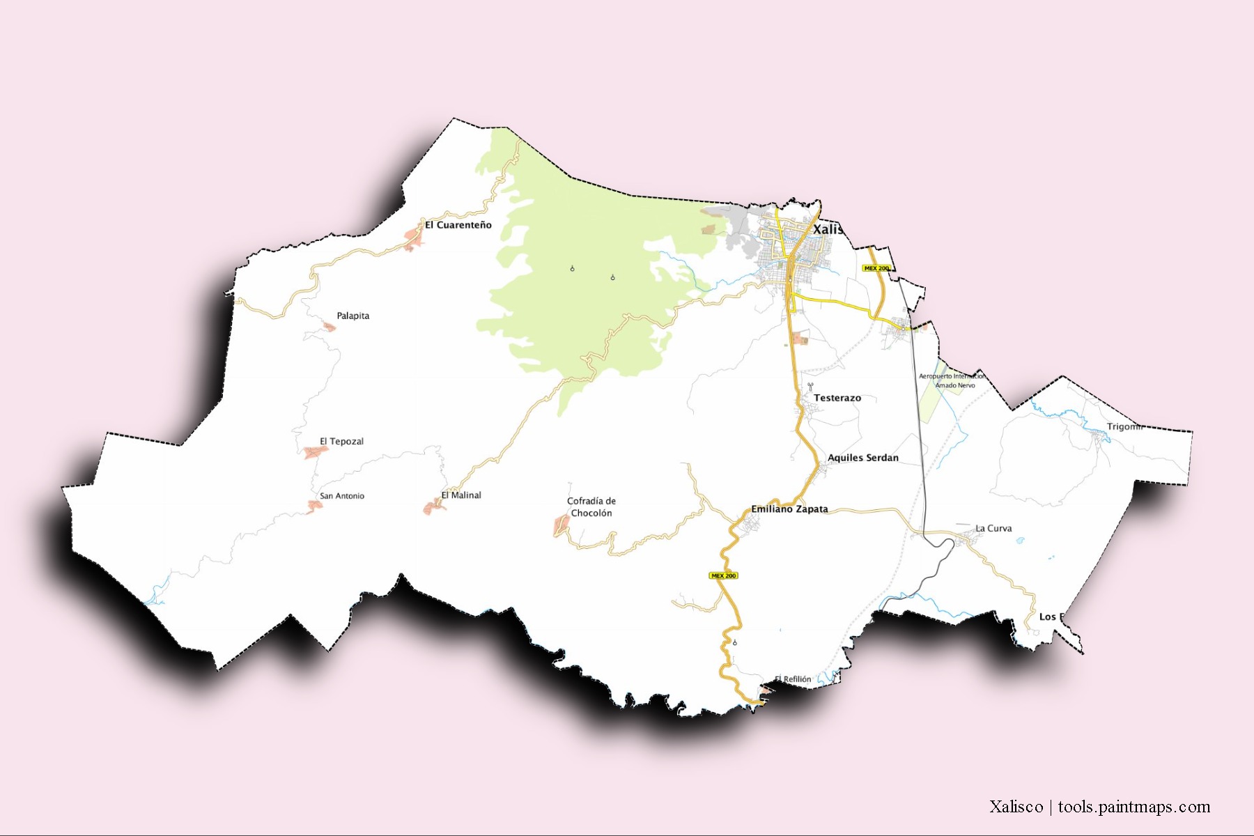 Mapa de barrios y pueblos de Xalisco con efecto de sombra 3D