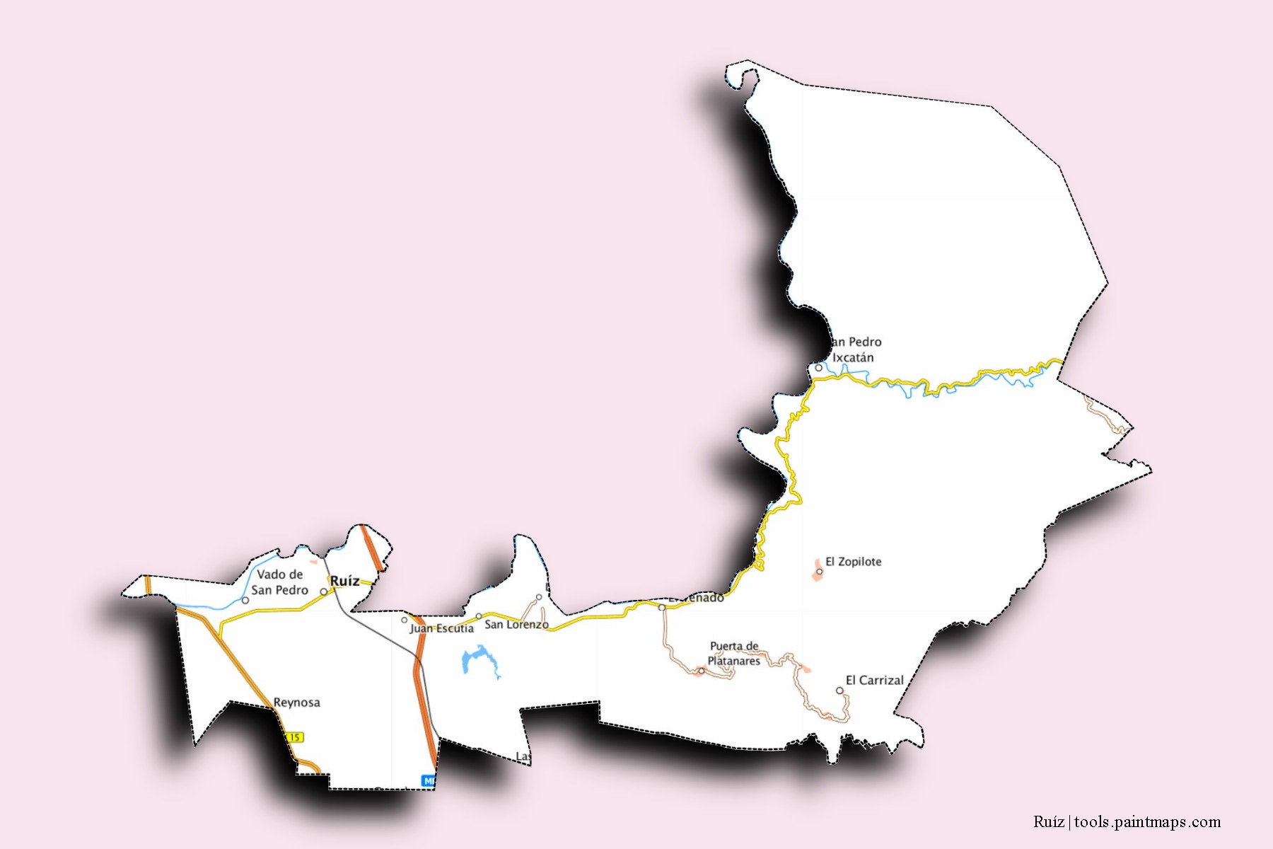 Ruíz neighborhoods and villages map with 3D shadow effect