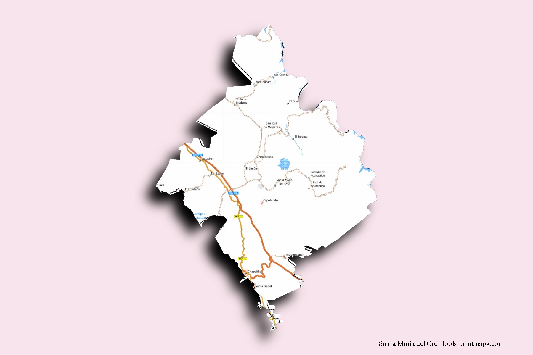 Santa María del Oro neighborhoods and villages map with 3D shadow effect