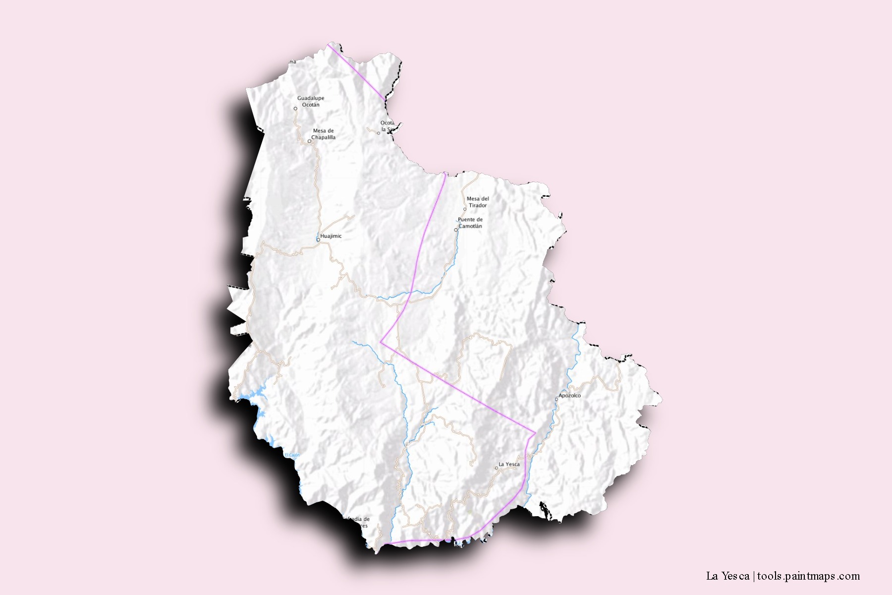 Mapa de barrios y pueblos de La Yesca con efecto de sombra 3D