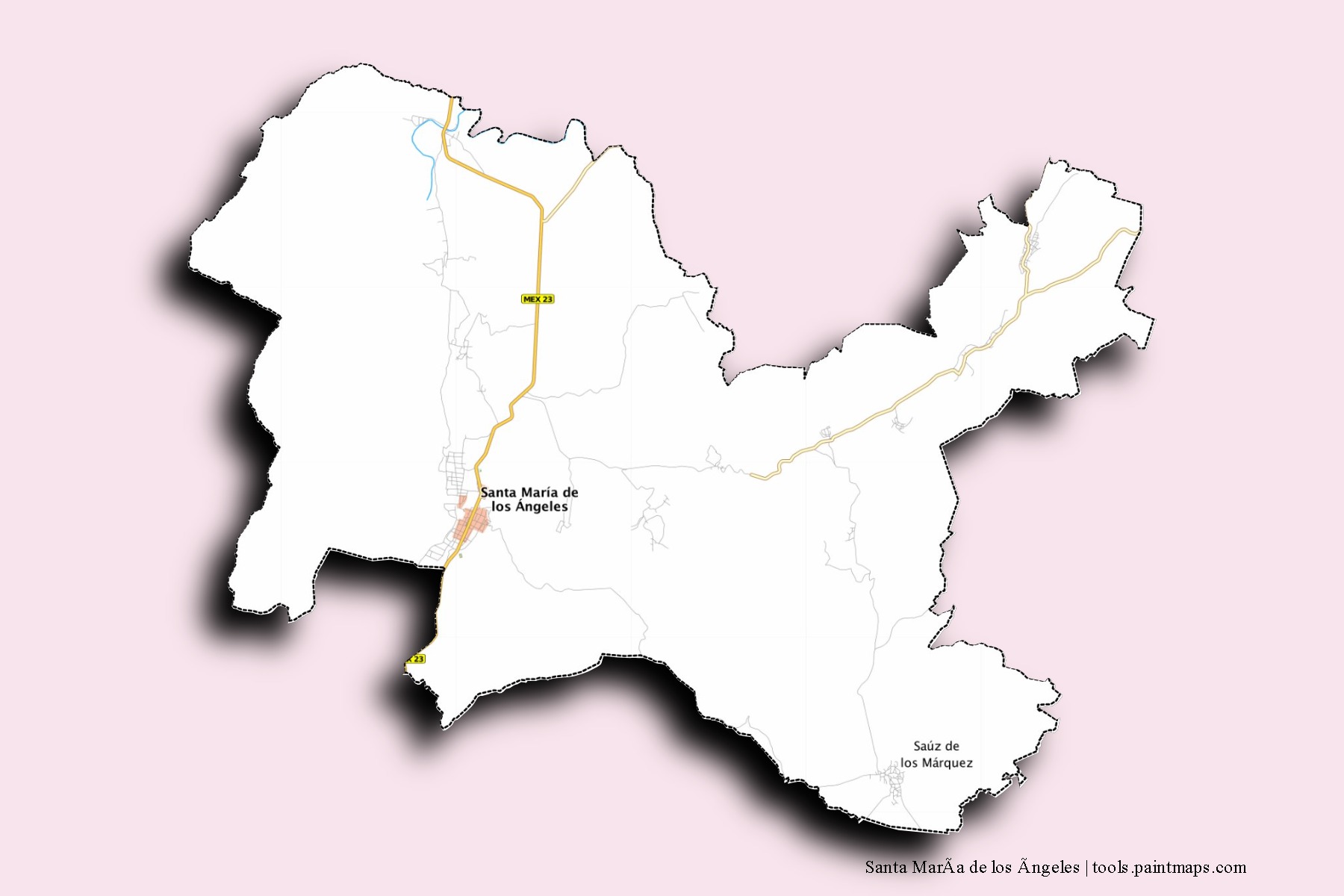 Mapa de barrios y pueblos de Santa MarÃ­a de los Ãngeles con efecto de sombra 3D