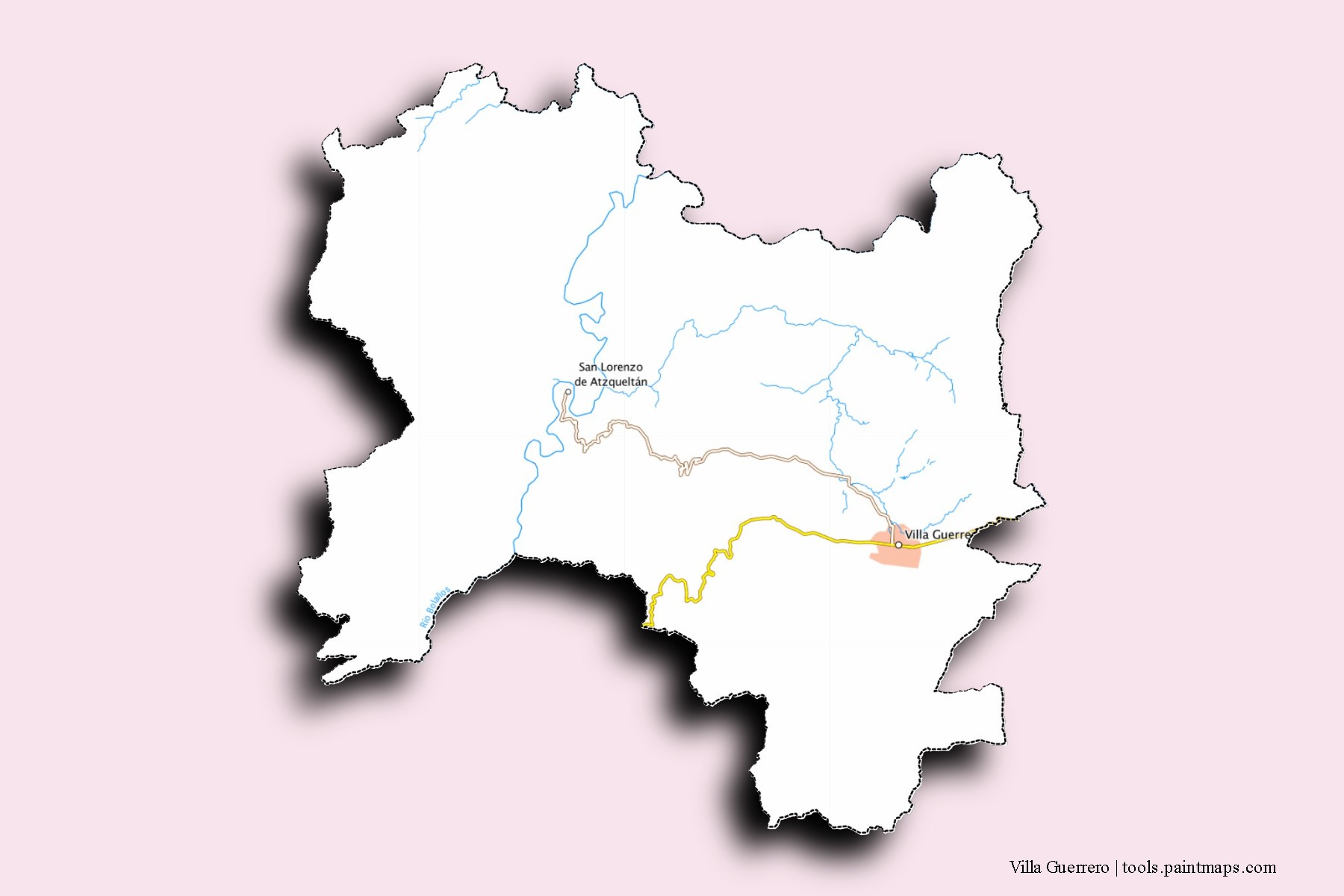 Mapa de barrios y pueblos de Villa Guerrero con efecto de sombra 3D