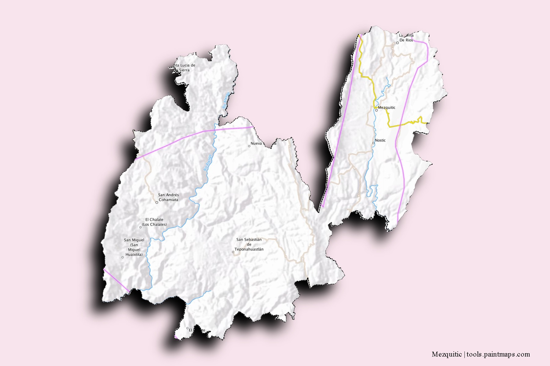 Mezquitic neighborhoods and villages map with 3D shadow effect