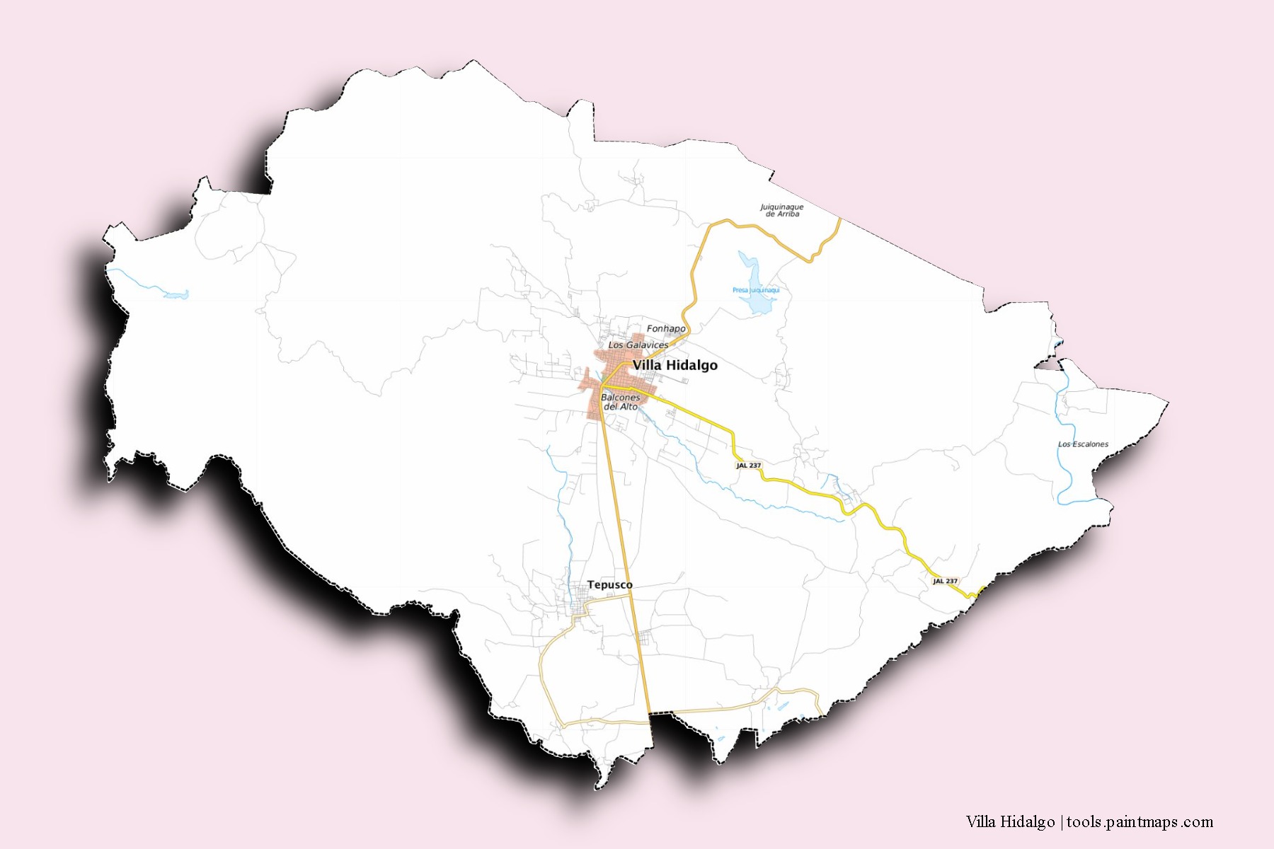 Mapa de barrios y pueblos de Villa Hidalgo con efecto de sombra 3D