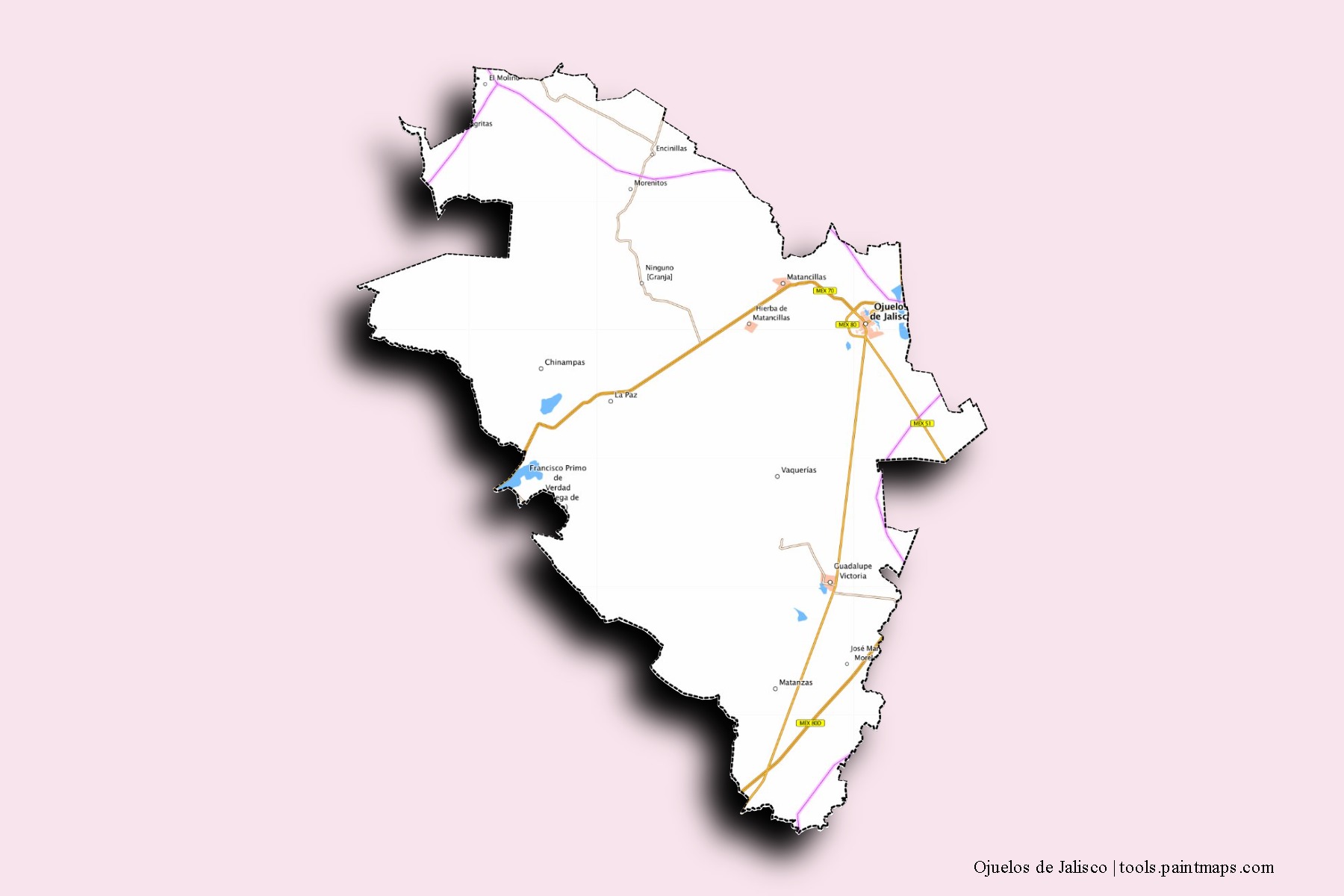 Mapa de barrios y pueblos de Ojuelos de Jalisco con efecto de sombra 3D