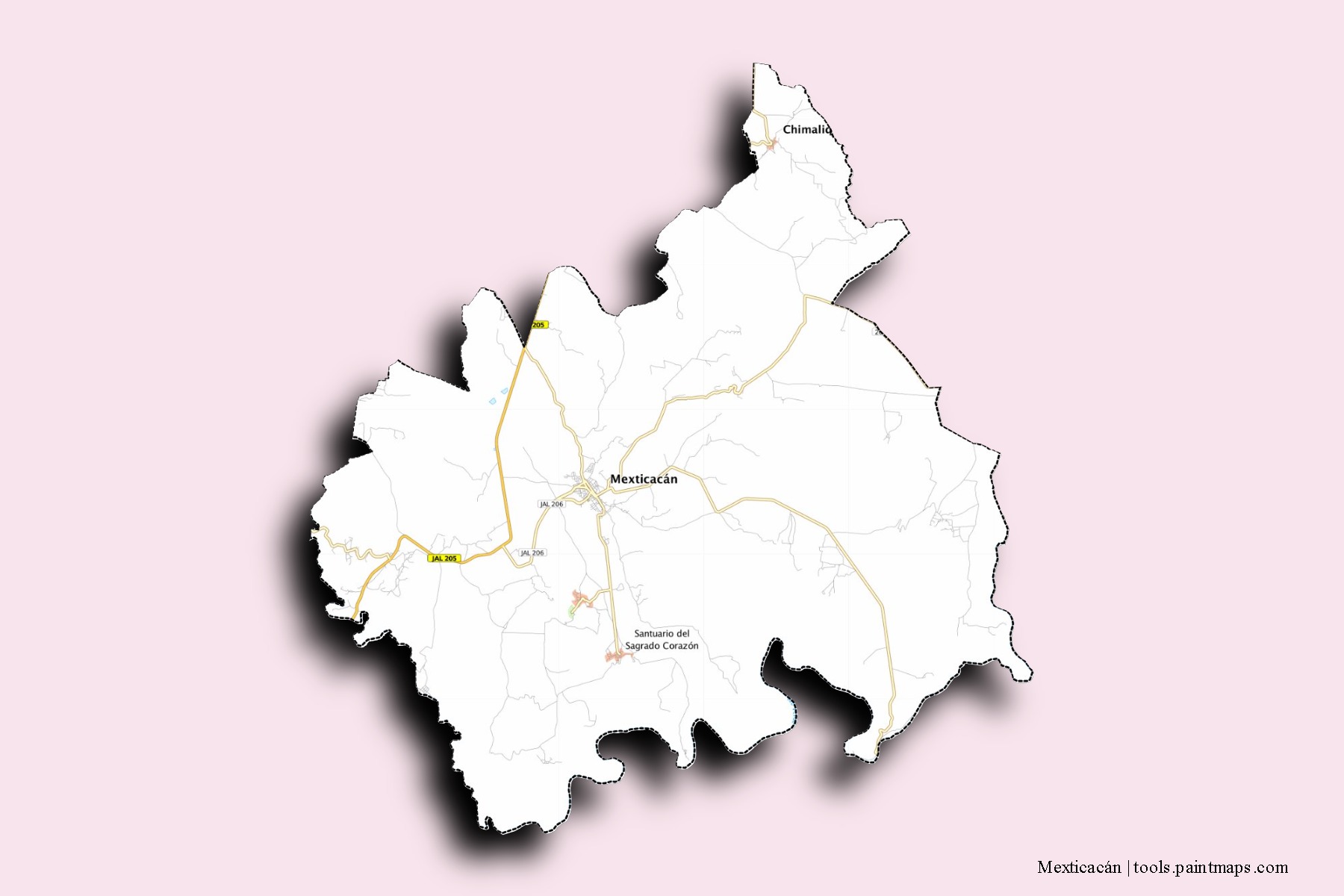 Mexticacán neighborhoods and villages map with 3D shadow effect