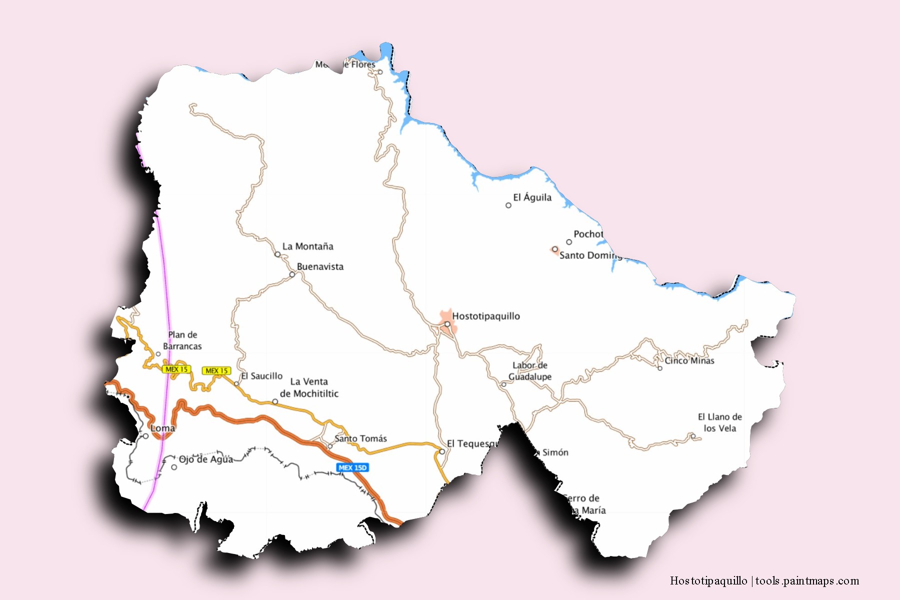 Hostotipaquillo neighborhoods and villages map with 3D shadow effect