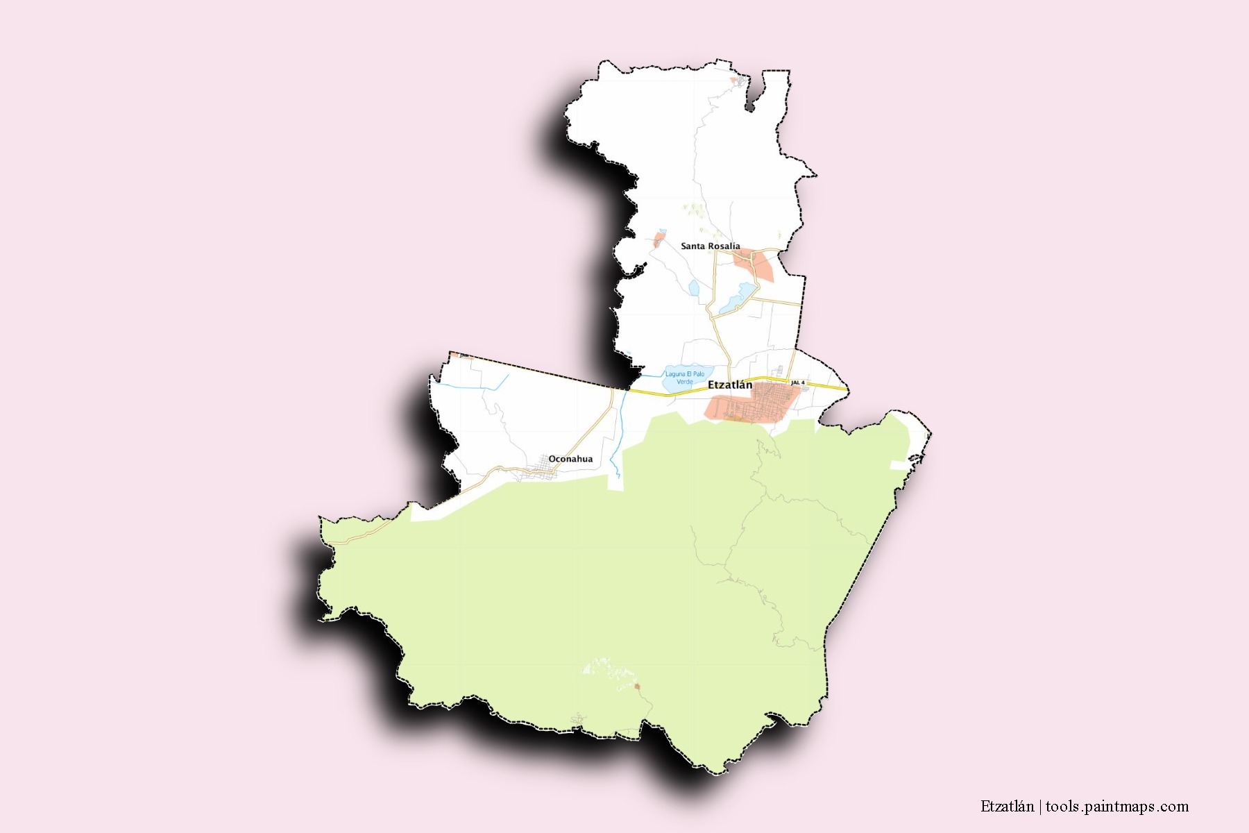 Mapa de barrios y pueblos de Etzatlán con efecto de sombra 3D