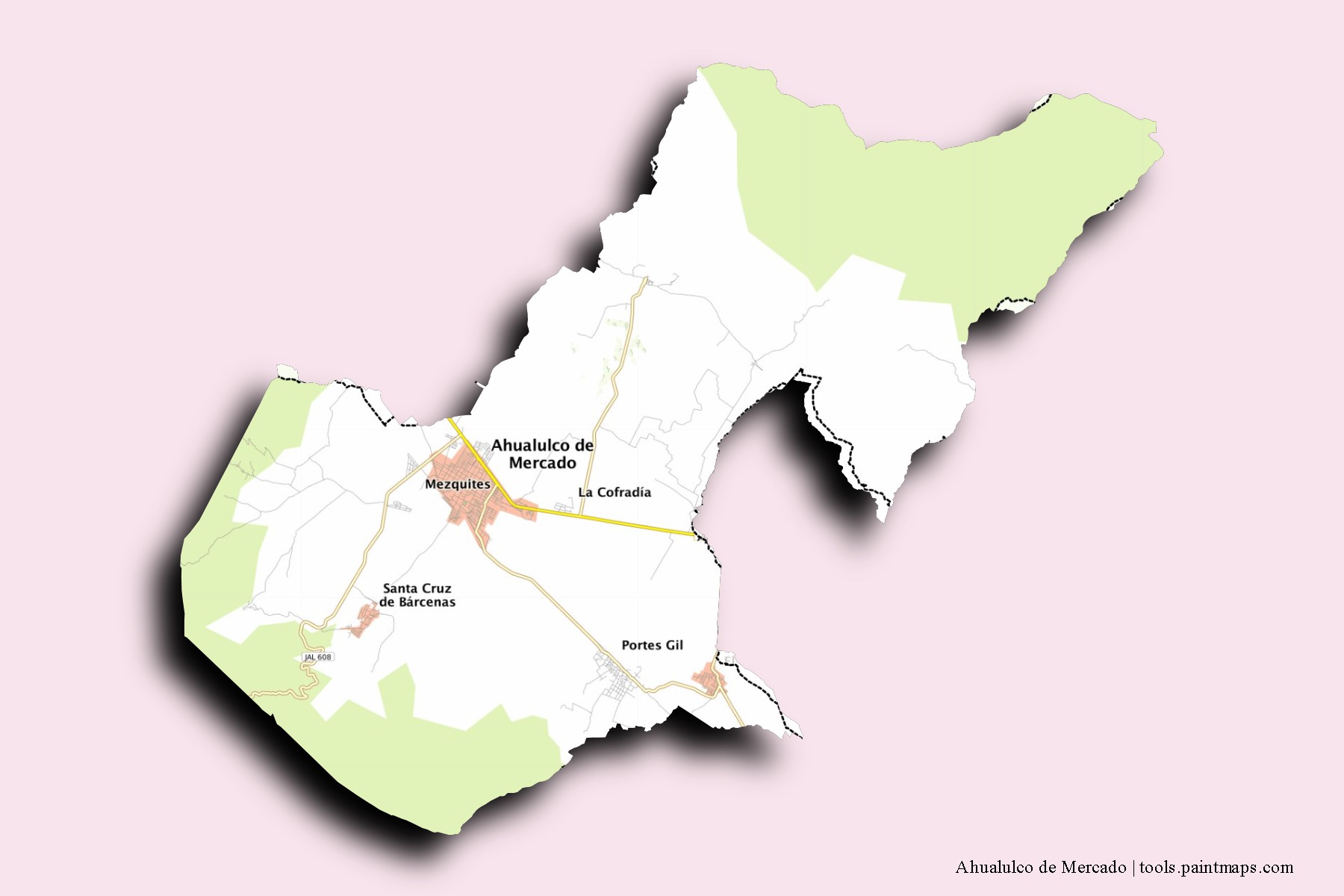 Ahualulco de Mercado neighborhoods and villages map with 3D shadow effect