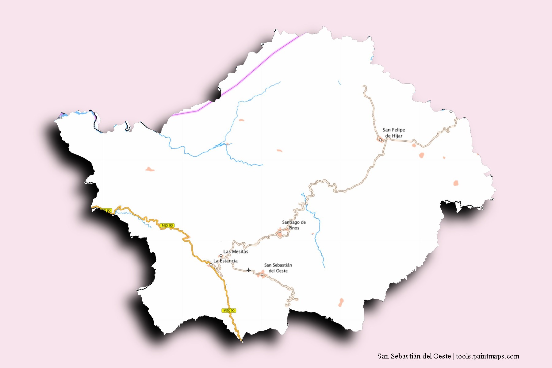 San Sebastián del Oeste neighborhoods and villages map with 3D shadow effect