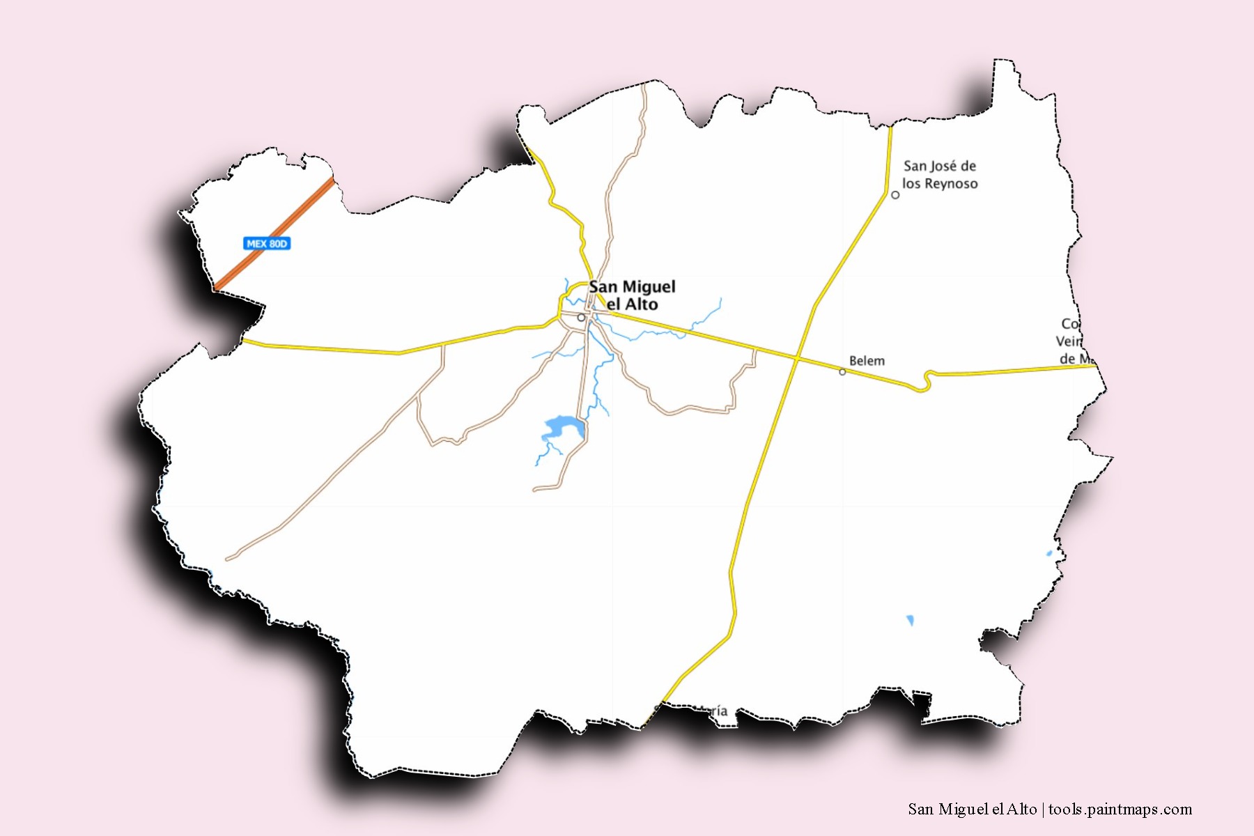 Mapa de barrios y pueblos de San Miguel el Alto con efecto de sombra 3D