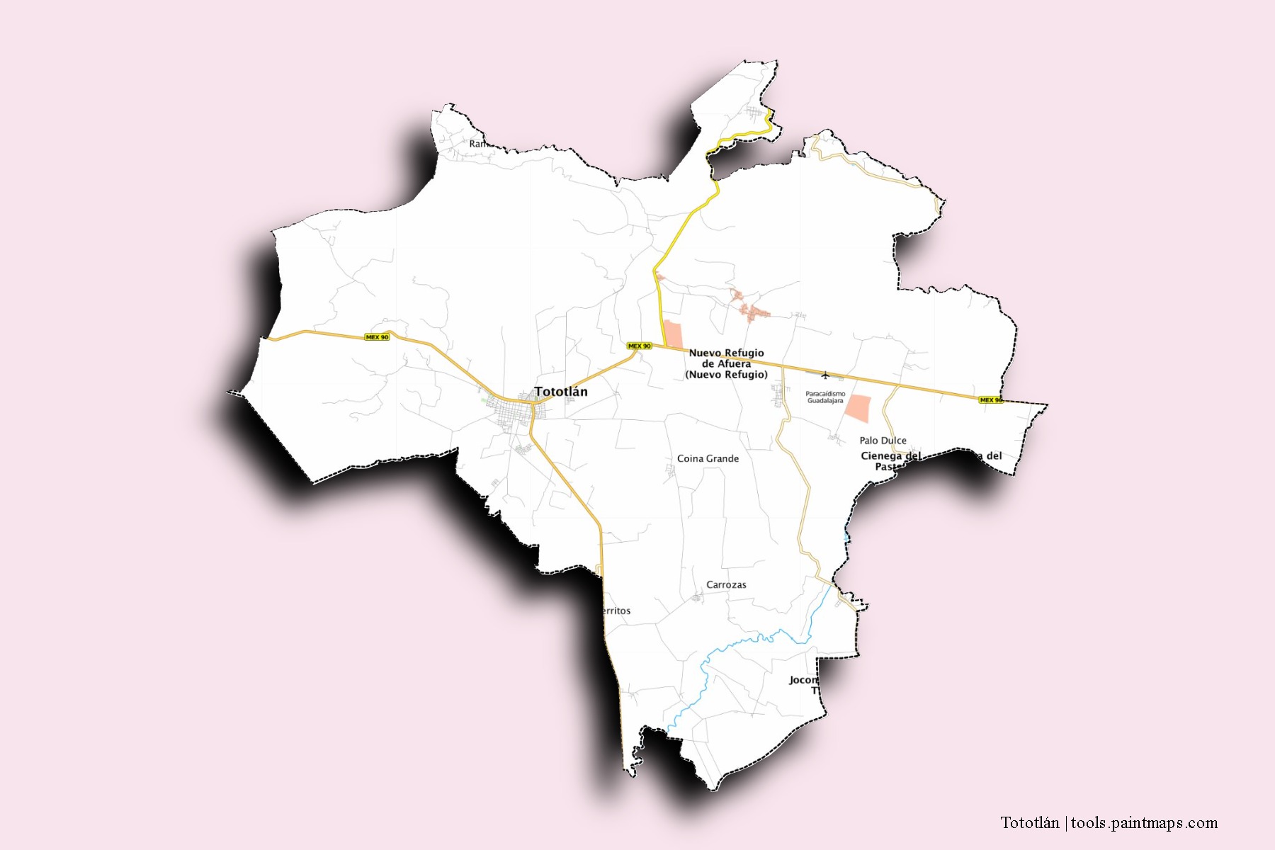 Tototlán neighborhoods and villages map with 3D shadow effect