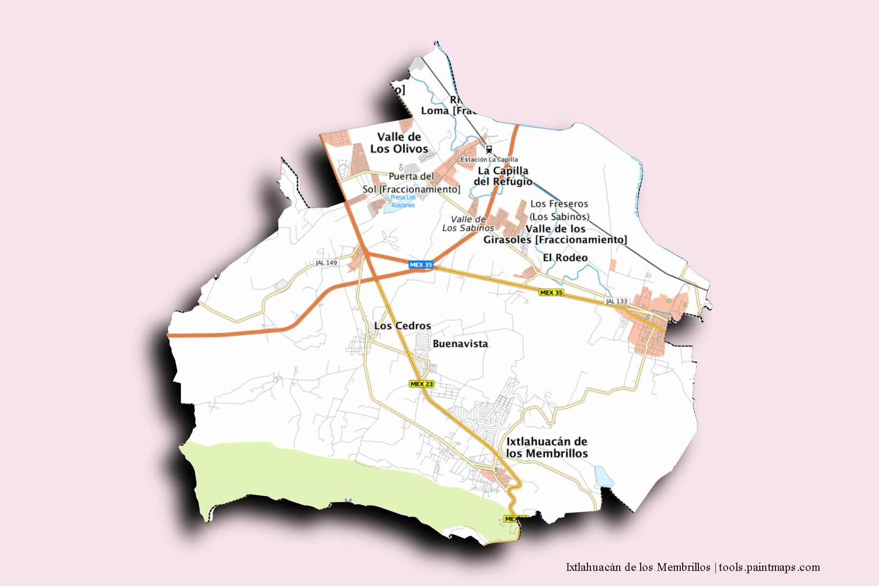 Ixtlahuacán de los Membrillos neighborhoods and villages map with 3D shadow effect