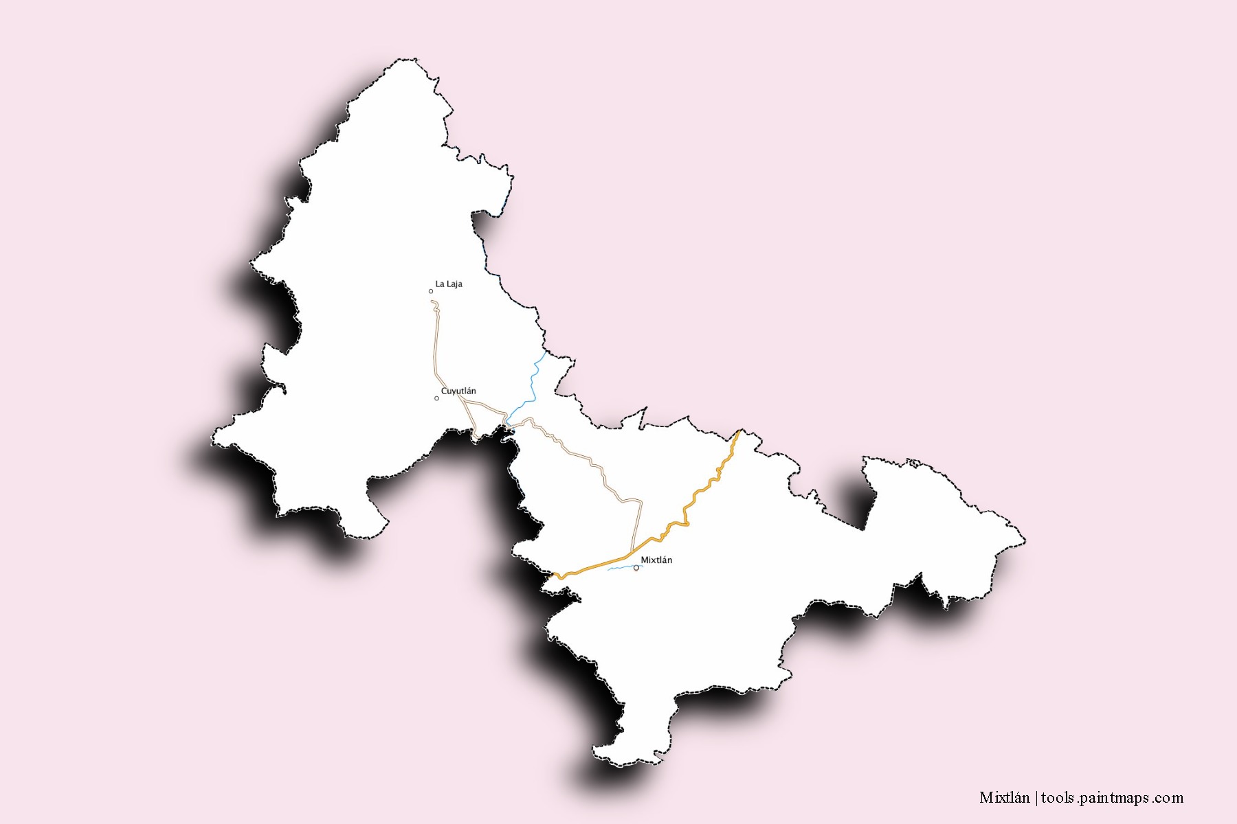 Mapa de barrios y pueblos de Mixtlán con efecto de sombra 3D