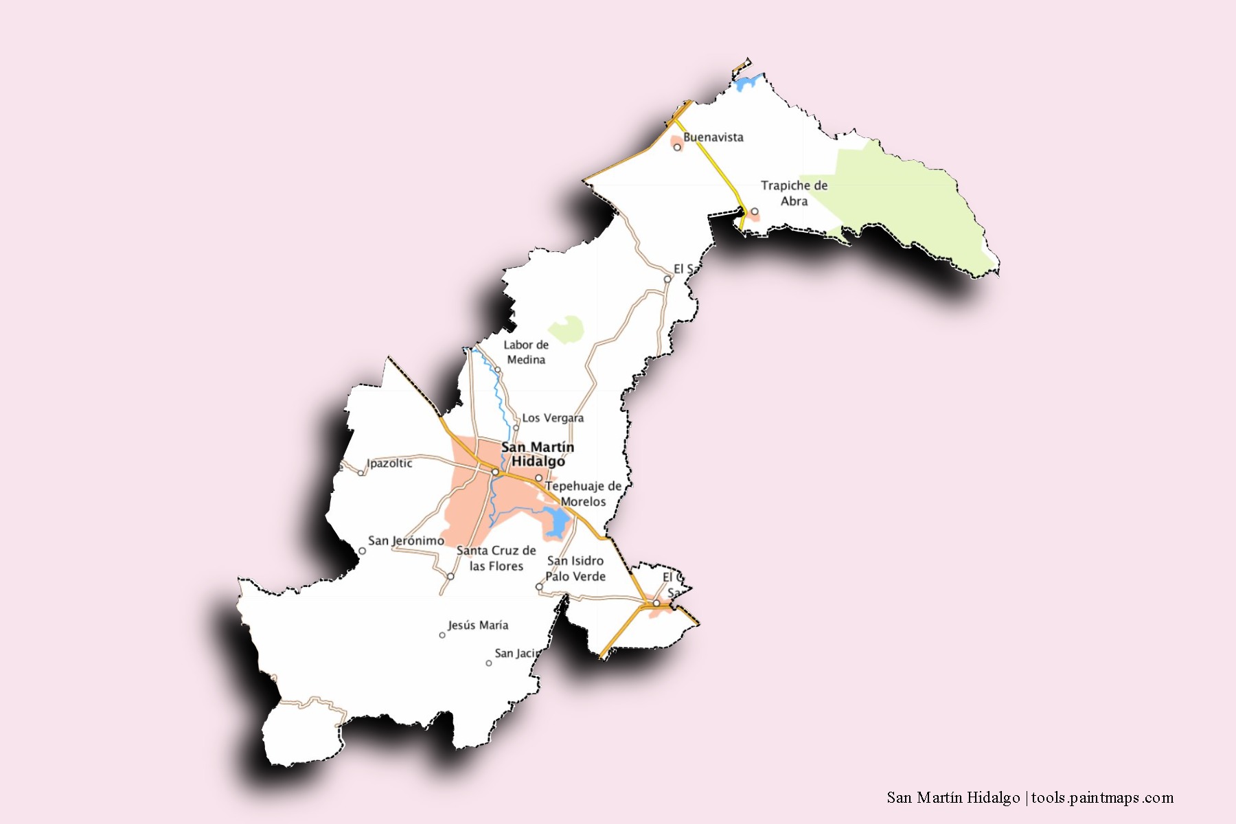 Mapa de barrios y pueblos de San Martín Hidalgo con efecto de sombra 3D