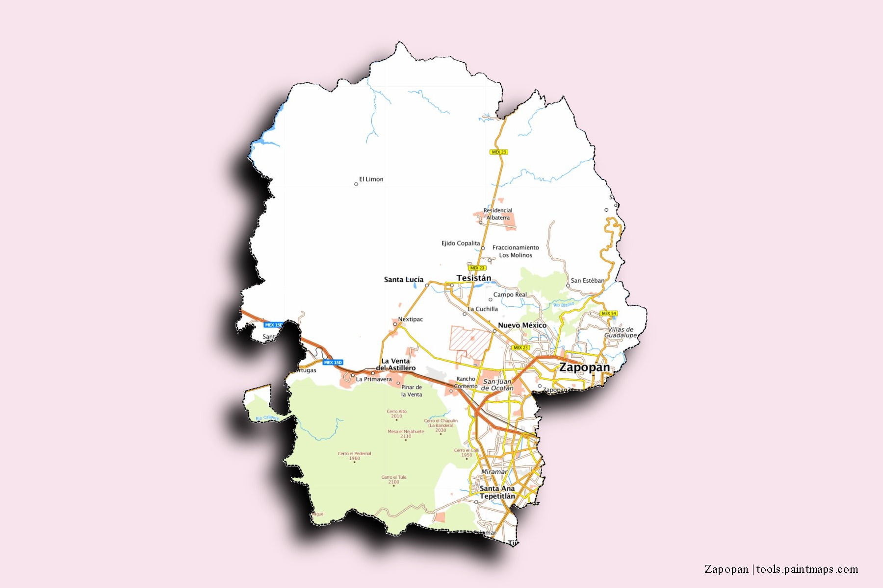 Zapopan neighborhoods and villages map with 3D shadow effect