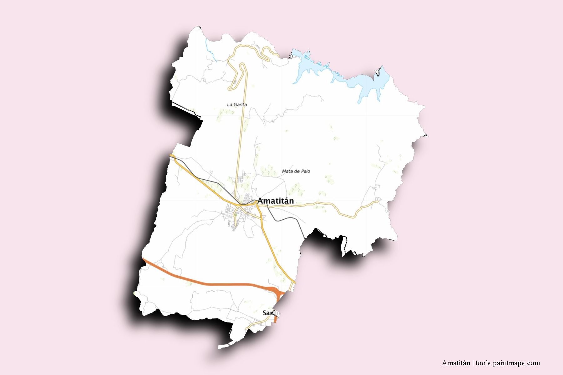 Mapa de barrios y pueblos de Amatitán con efecto de sombra 3D