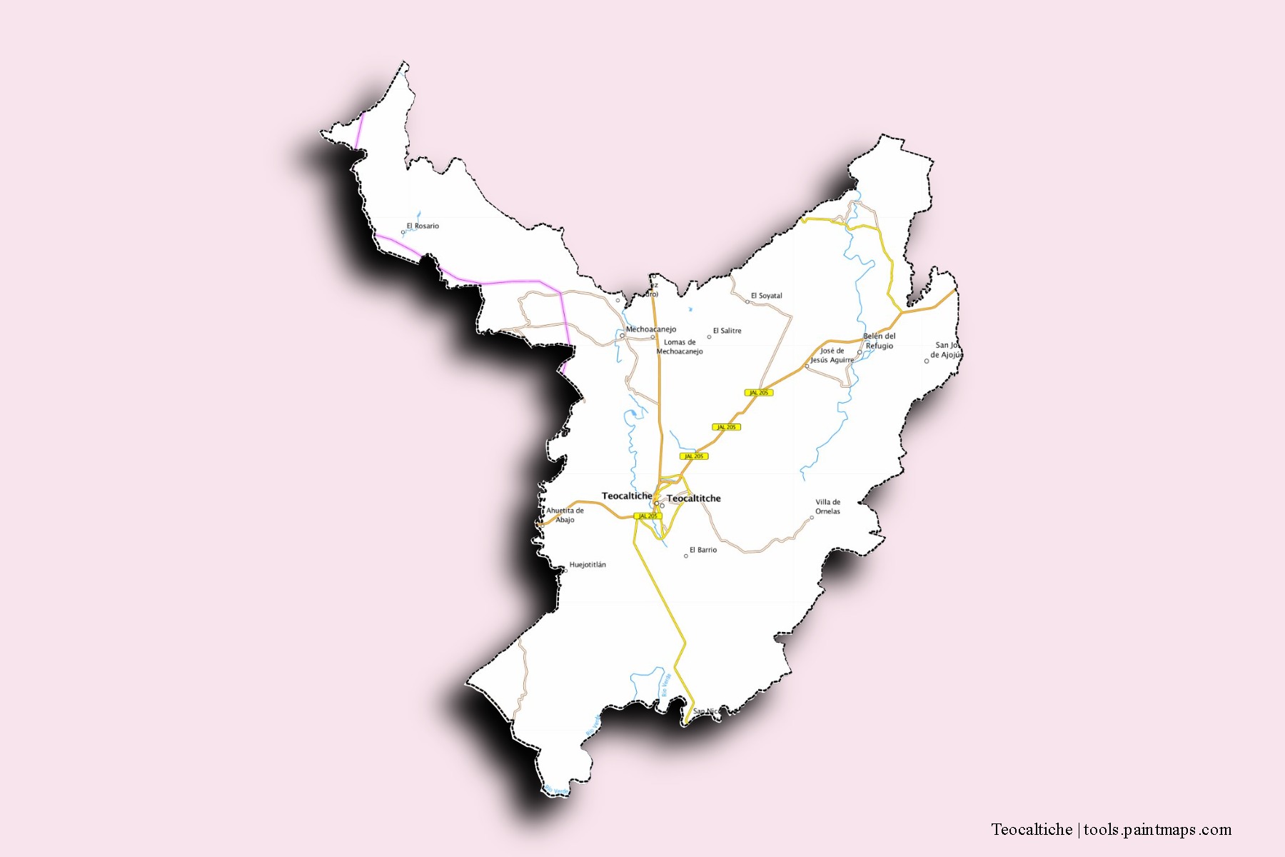 Teocaltiche neighborhoods and villages map with 3D shadow effect