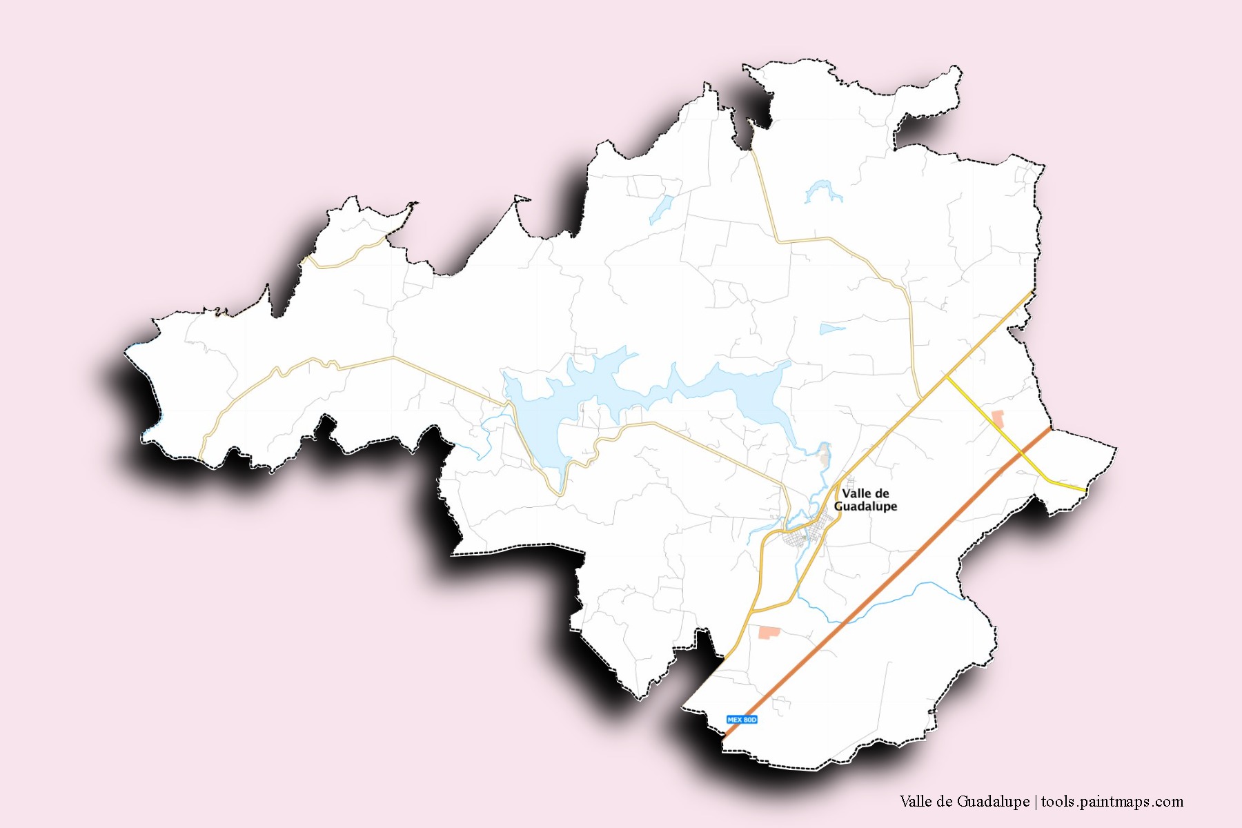 3D gölge efektli Valle de Guadalupe mahalleleri ve köyleri haritası