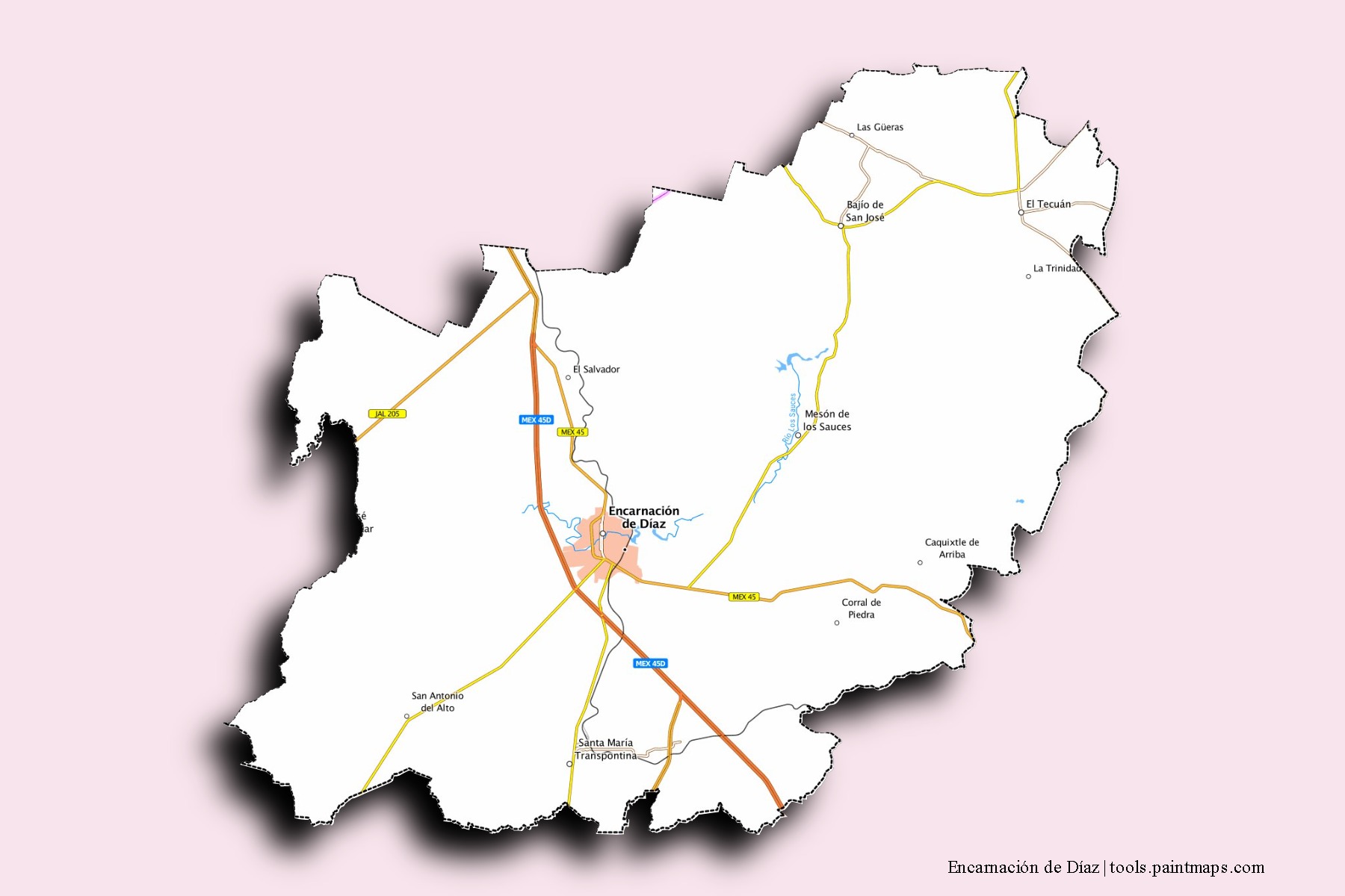 Mapa de barrios y pueblos de Encarnación de Díaz con efecto de sombra 3D