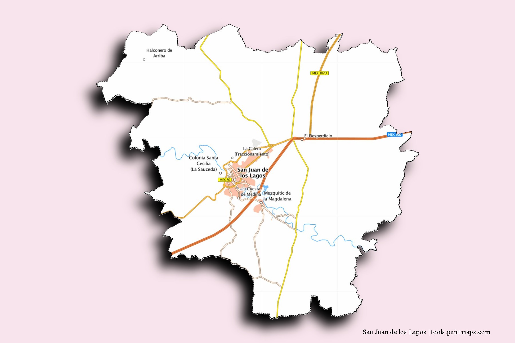 Mapa de barrios y pueblos de San Juan de los Lagos con efecto de sombra 3D