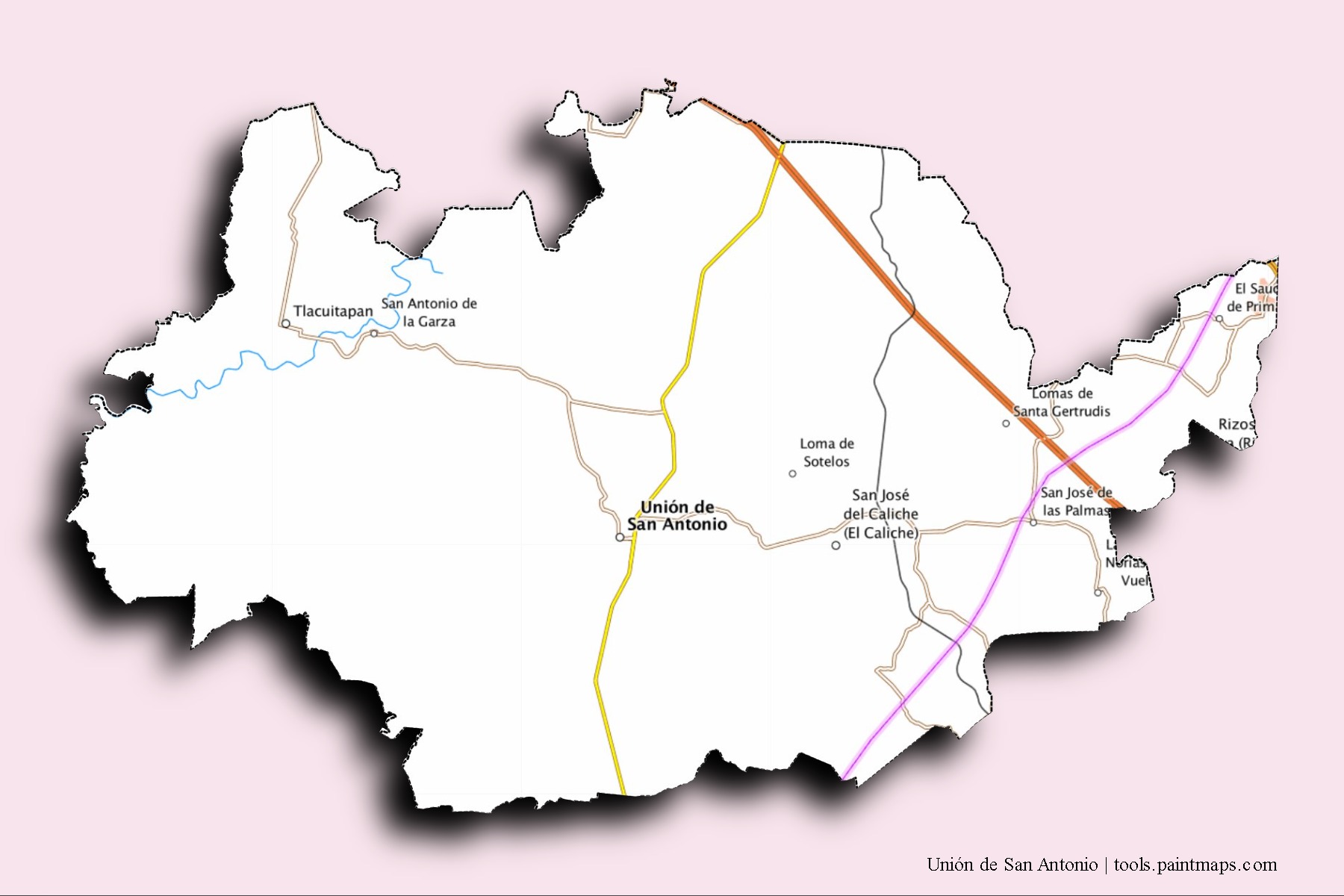 Unión de San Antonio neighborhoods and villages map with 3D shadow effect