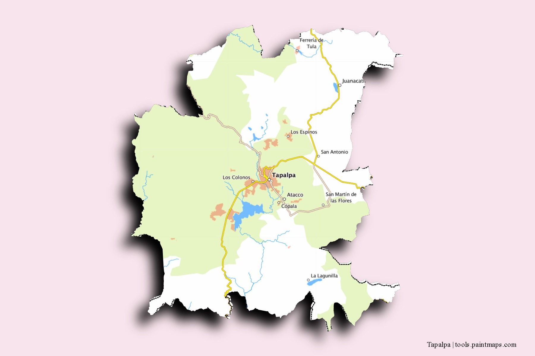 Tapalpa neighborhoods and villages map with 3D shadow effect