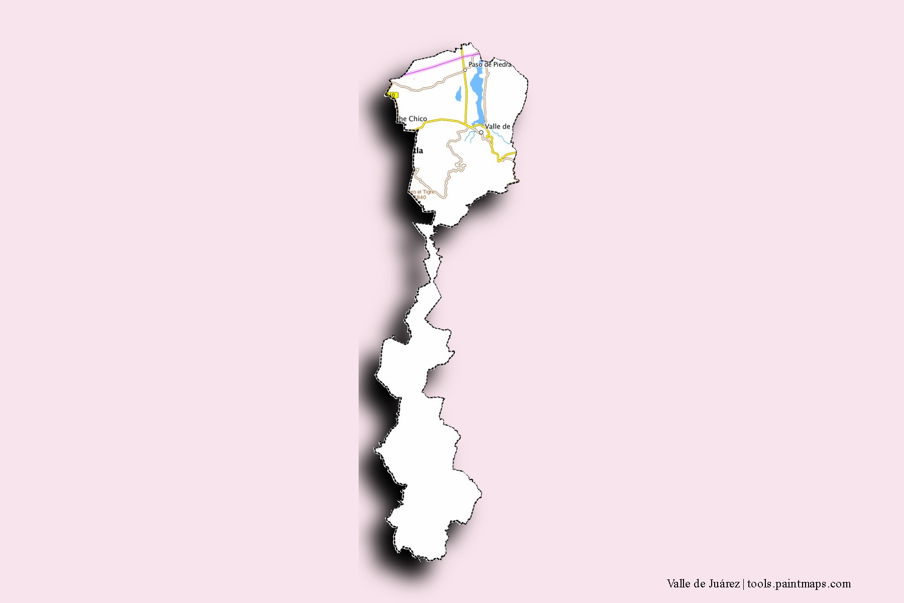 Mapa de barrios y pueblos de Valle de Juárez con efecto de sombra 3D