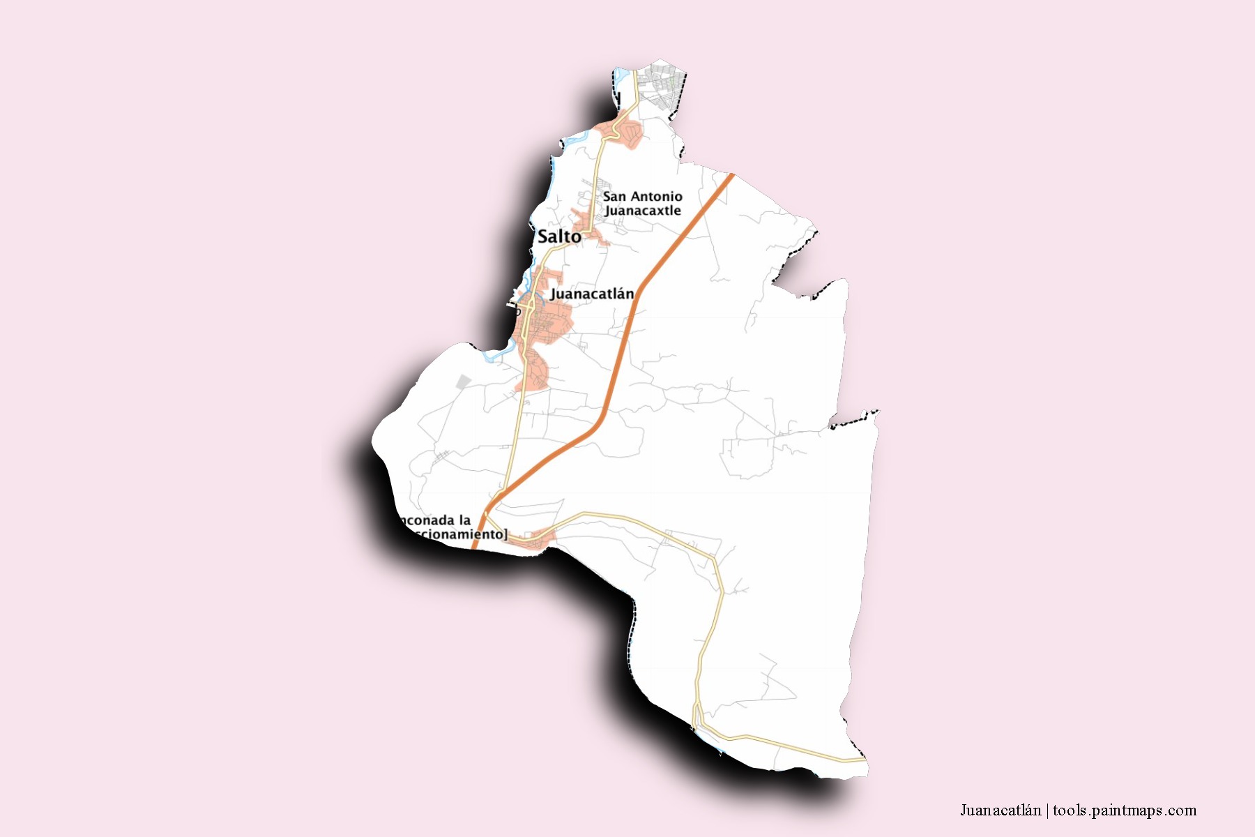 Mapa de barrios y pueblos de Juanacatlán con efecto de sombra 3D