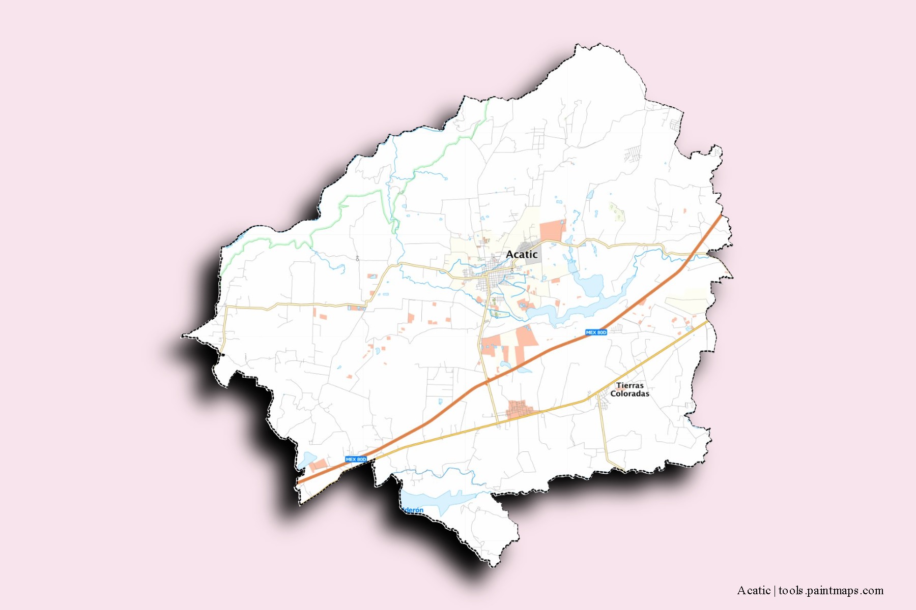 Acatic neighborhoods and villages map with 3D shadow effect