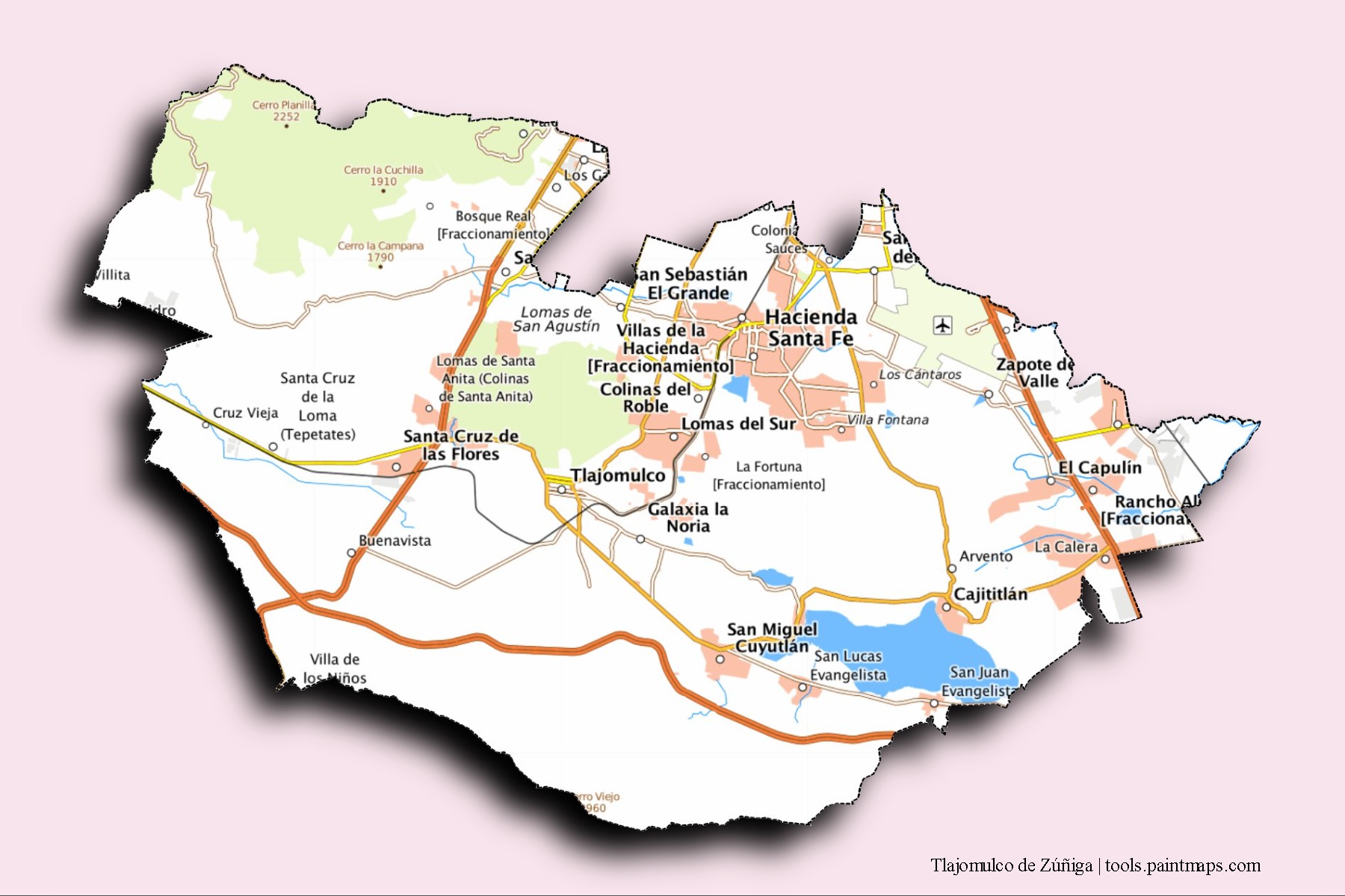 Mapa de barrios y pueblos de Tlajomulco de Zúñiga con efecto de sombra 3D