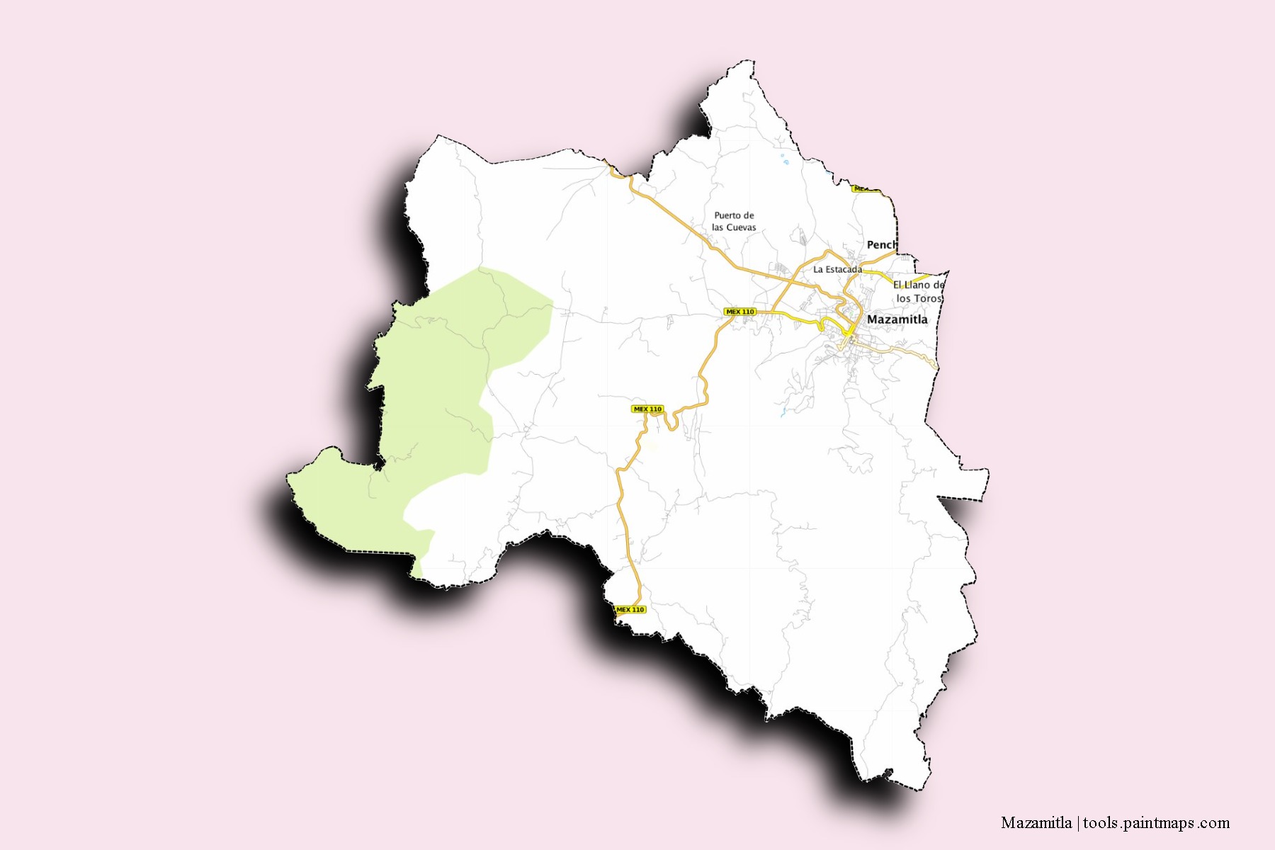 Mazamitla neighborhoods and villages map with 3D shadow effect