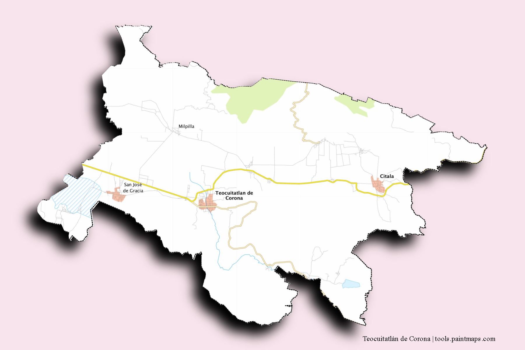 Mapa de barrios y pueblos de Teocuitatlán de Corona con efecto de sombra 3D