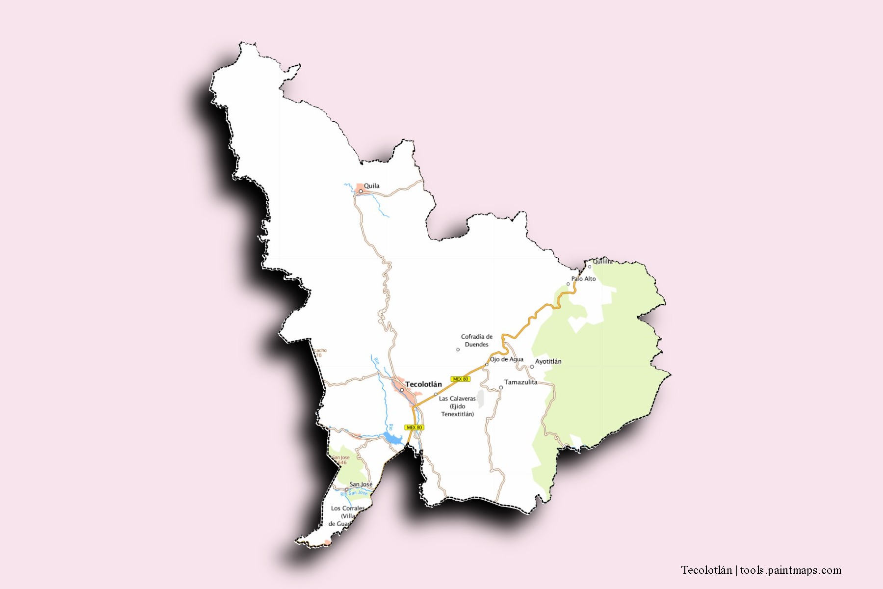 Tecolotlán neighborhoods and villages map with 3D shadow effect