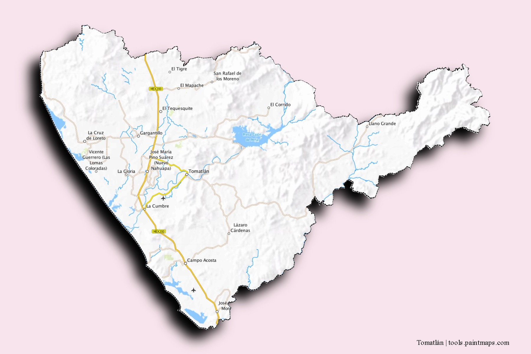 Mapa de barrios y pueblos de Tomatlán con efecto de sombra 3D