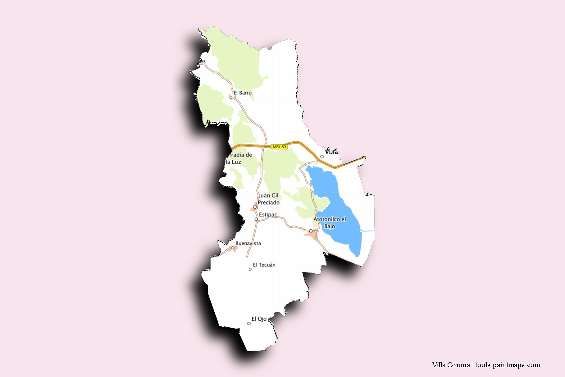 Mapa de barrios y pueblos de Villa Corona con efecto de sombra 3D