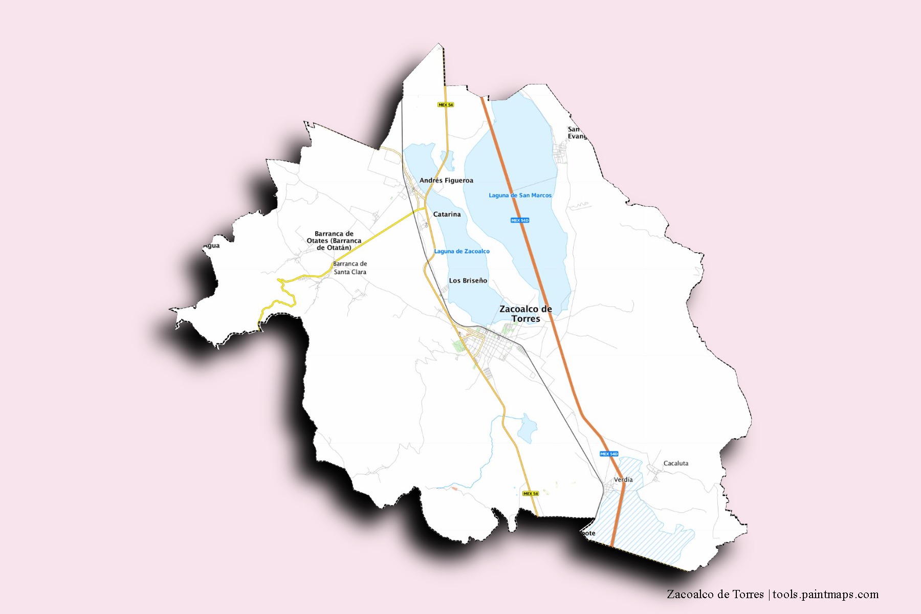 Mapa de barrios y pueblos de Zacoalco de Torres con efecto de sombra 3D