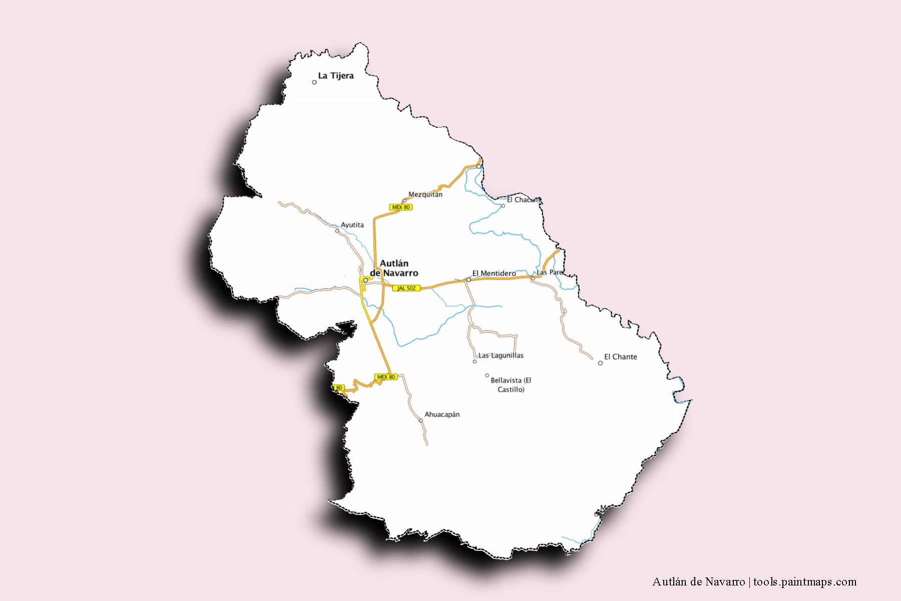 Mapa de barrios y pueblos de Autlán de Navarro con efecto de sombra 3D