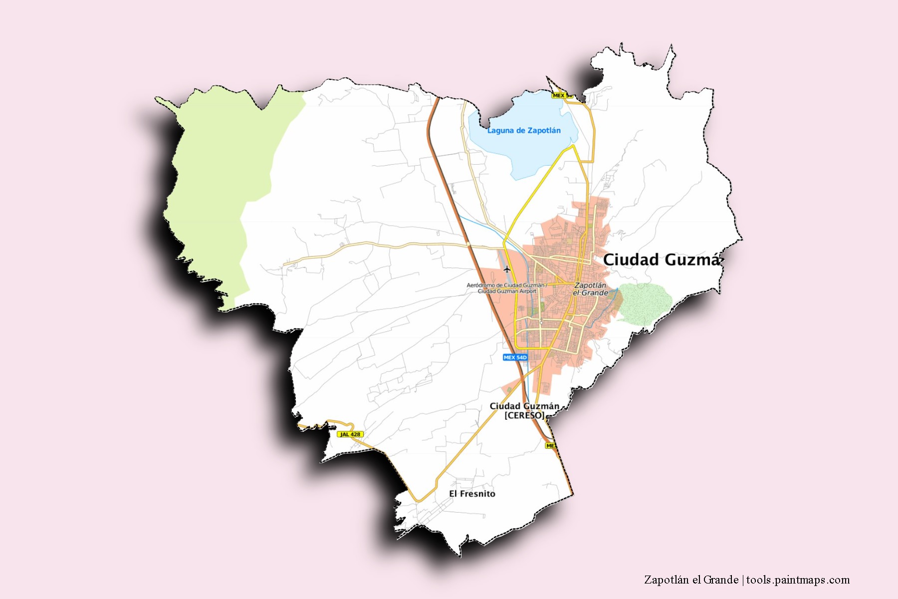 Mapa de barrios y pueblos de Zapotlán el Grande con efecto de sombra 3D