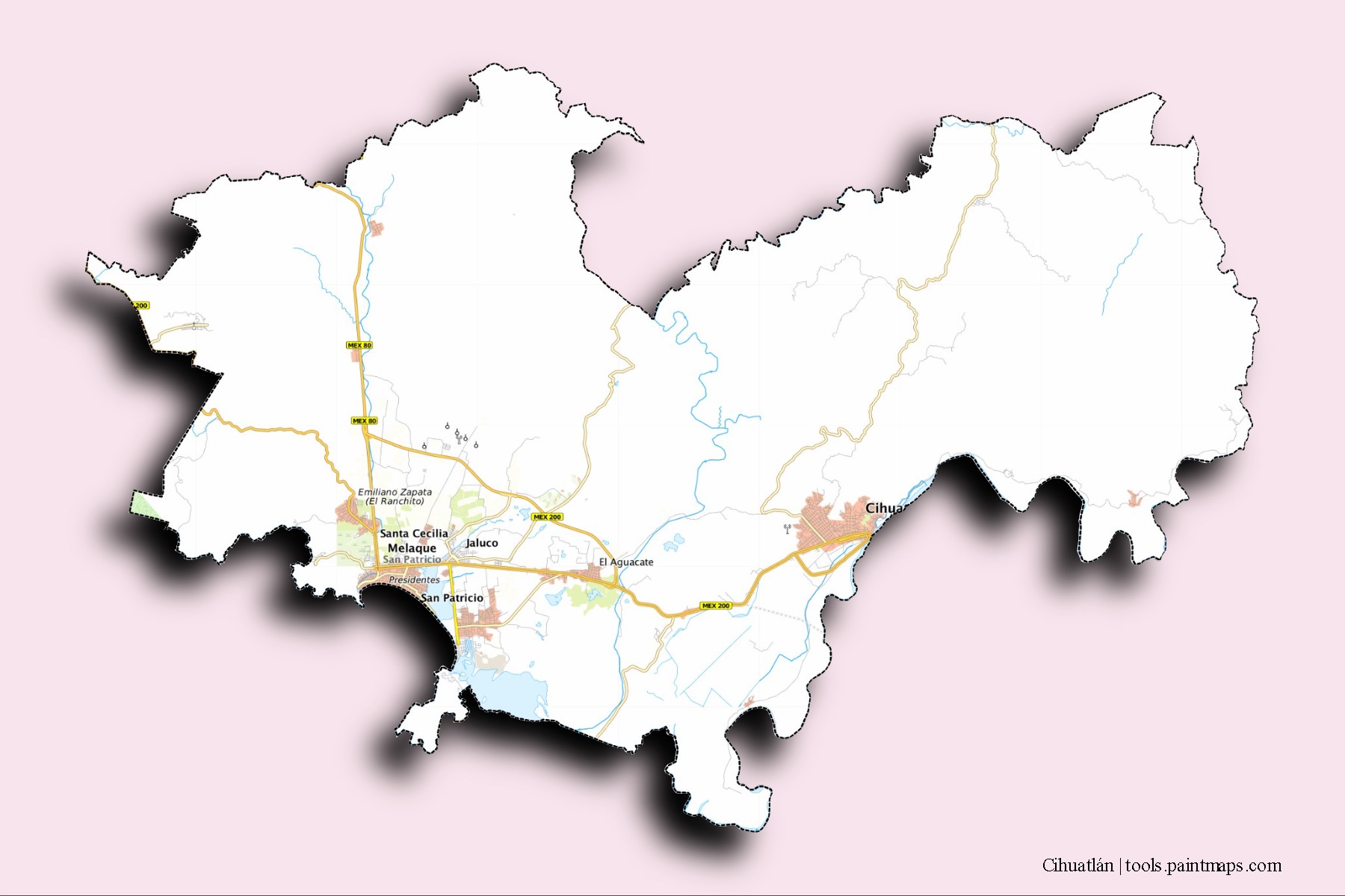 3D gölge efektli Cihuatlán mahalleleri ve köyleri haritası